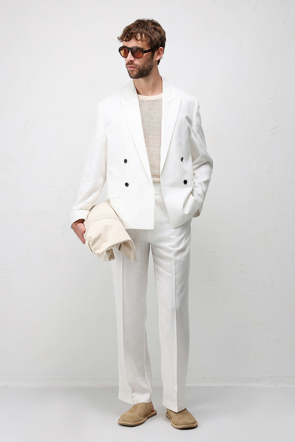 Antioch Beyaz Relax Fit Keten Karışımlı Erkek Blazer Ceket