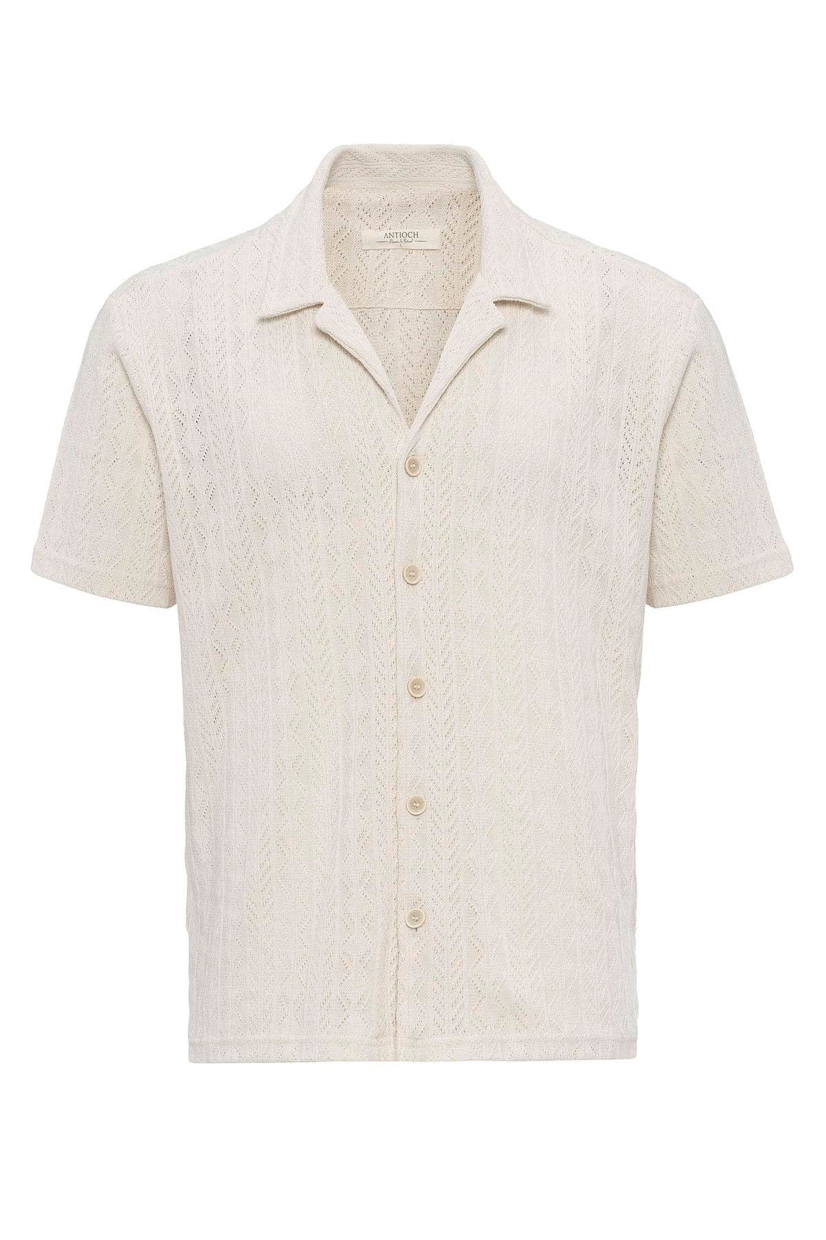 Antioch-Antioch Ekru Apaş Yaka örme Desenli Erkek Gömlek-Gömlek-7-Milagron.com