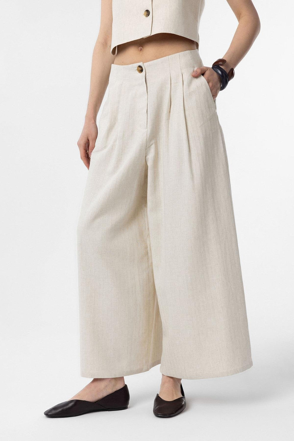 Antioch-Antioch Ekru Keten Karışımlı Kadın Culotte Pantolon-Kumaş Pantolon-1-Milagron.com