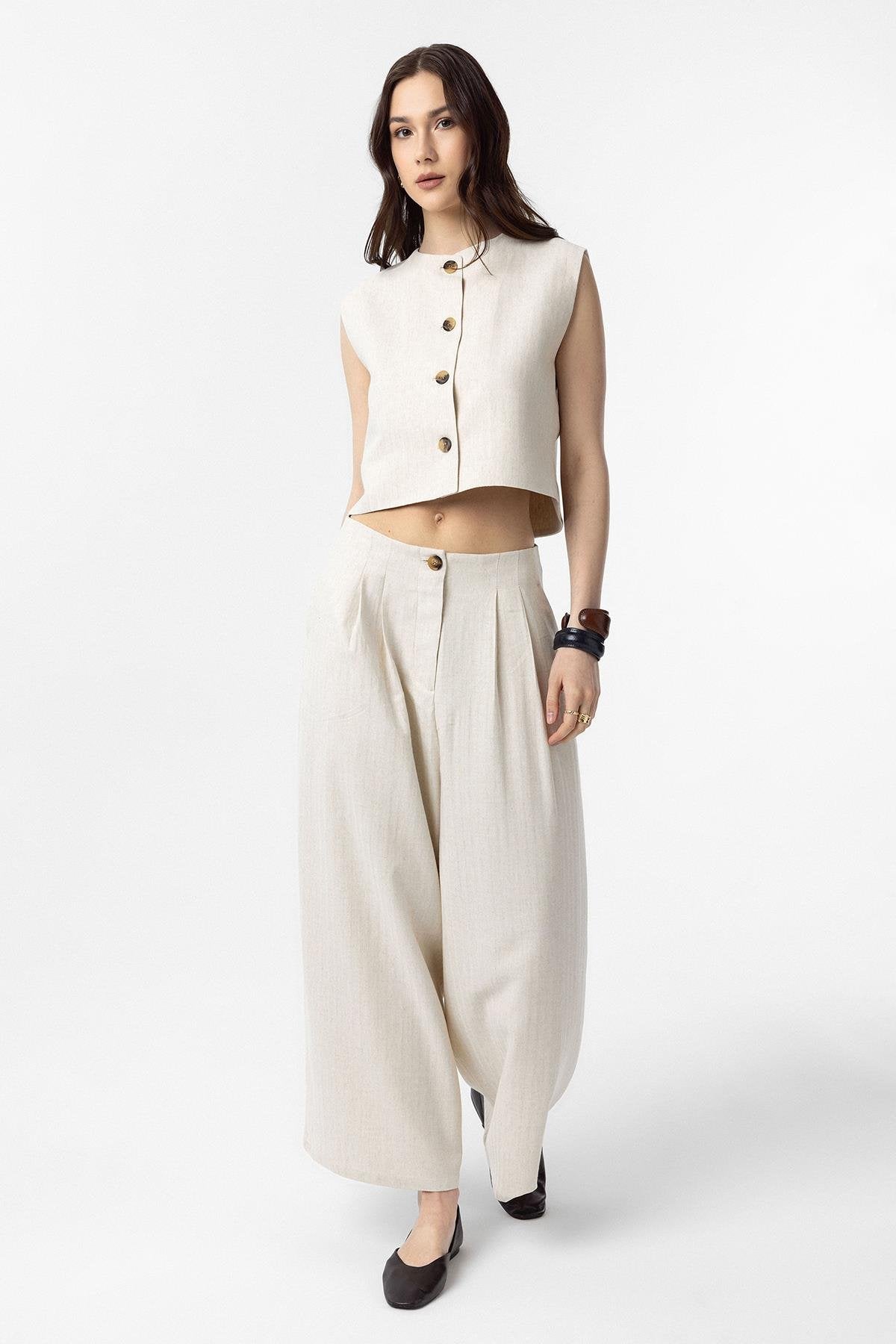 Antioch-Antioch Ekru Keten Karışımlı Kadın Culotte Pantolon-Kumaş Pantolon-2-Milagron.com