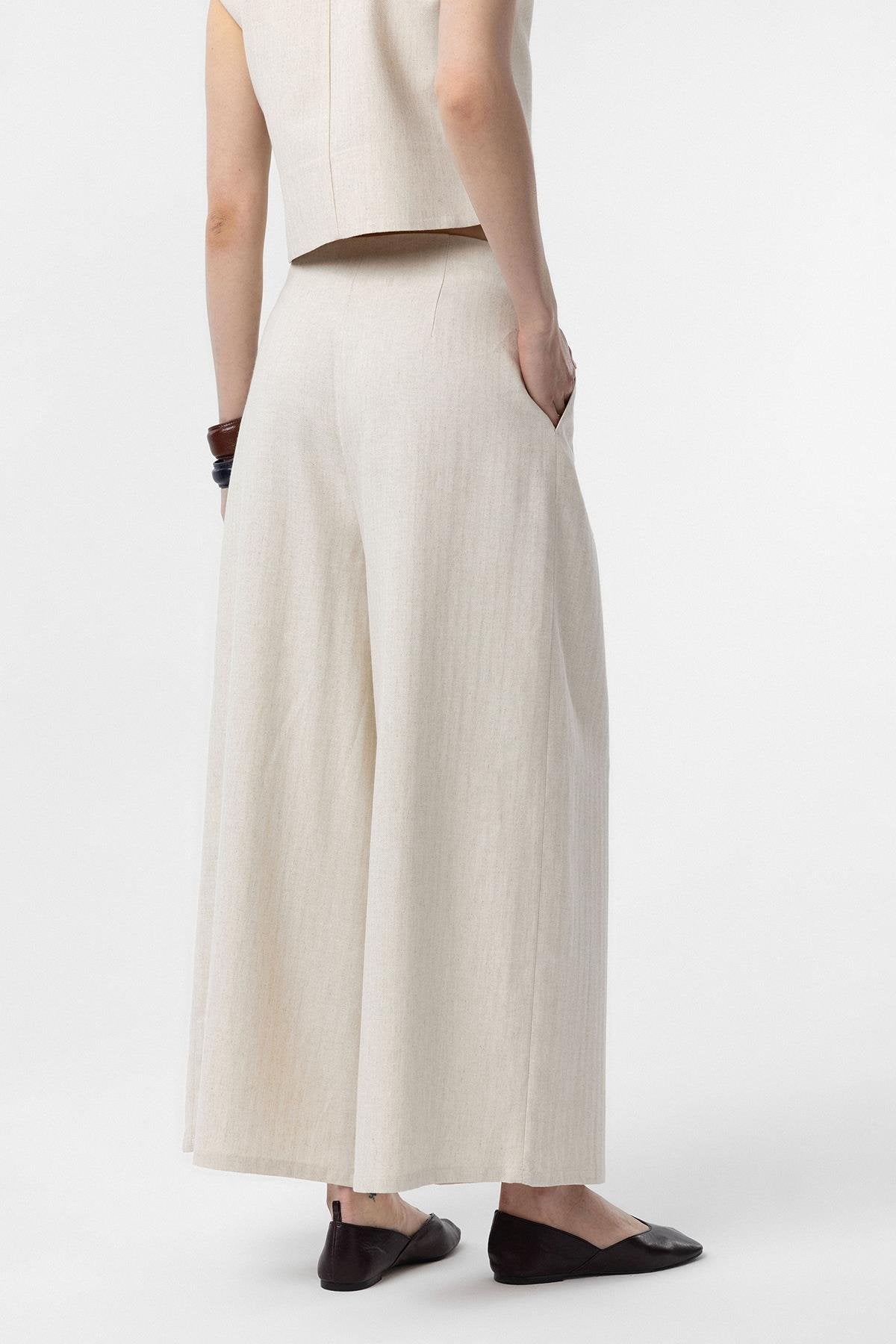 Antioch-Antioch Ekru Keten Karışımlı Kadın Culotte Pantolon-Kumaş Pantolon-4-Milagron.com