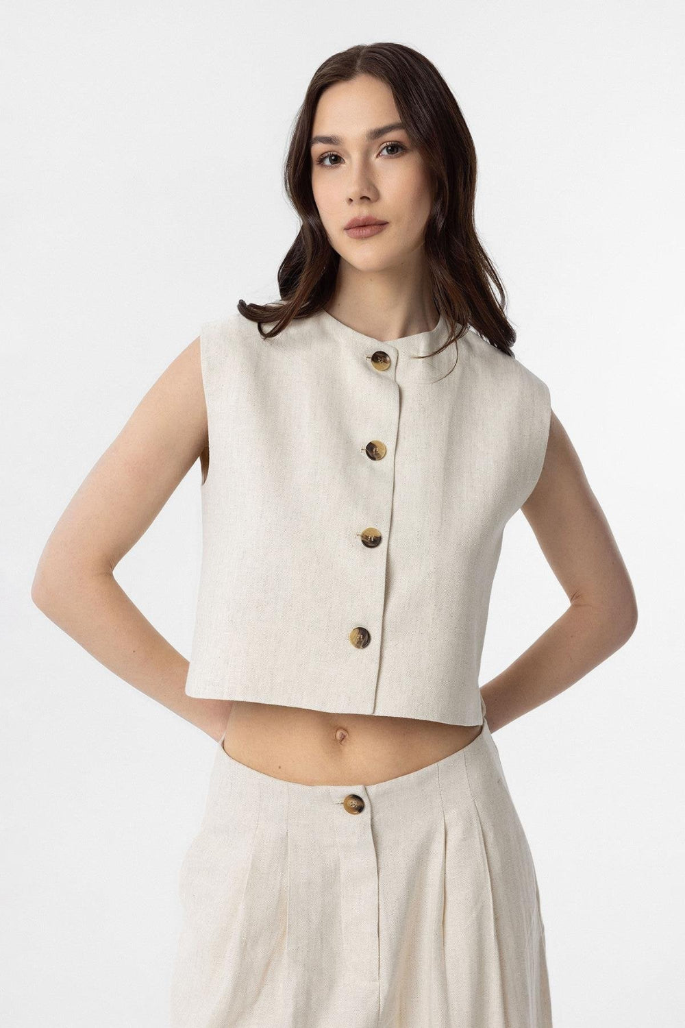 Antioch-Antioch Ekru Keten Karışımlı Kadın Yelek-Yelek-1-Milagron.com