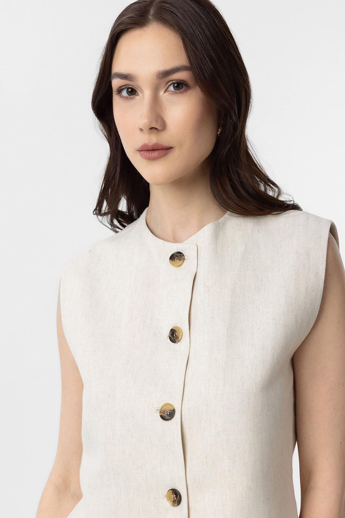 Antioch-Antioch Ekru Keten Karışımlı Kadın Yelek-Yelek-3-Milagron.com