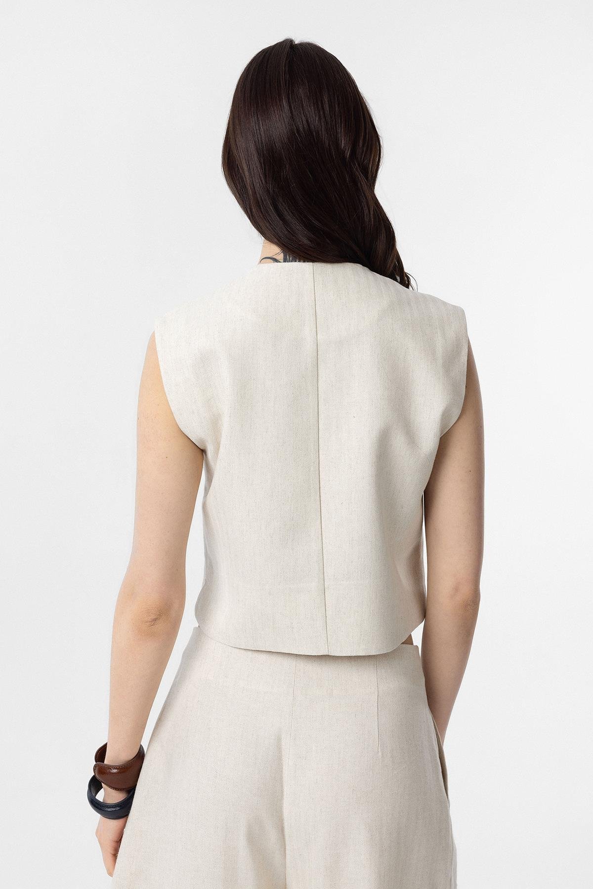 Antioch-Antioch Ekru Keten Karışımlı Kadın Yelek-Yelek-4-Milagron.com