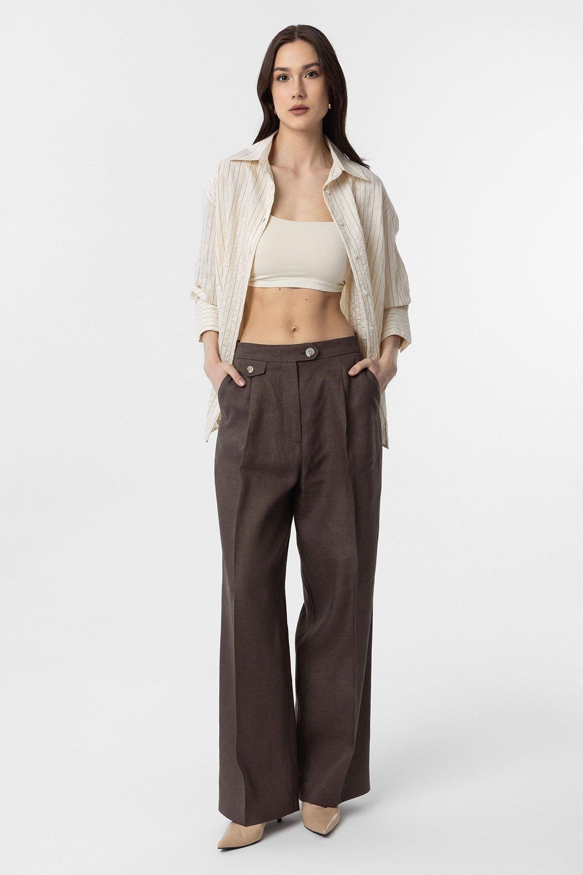 Antioch-Antioch Ekru Çizgili Kadın Gömlek-Gömlek-2-Milagron.com