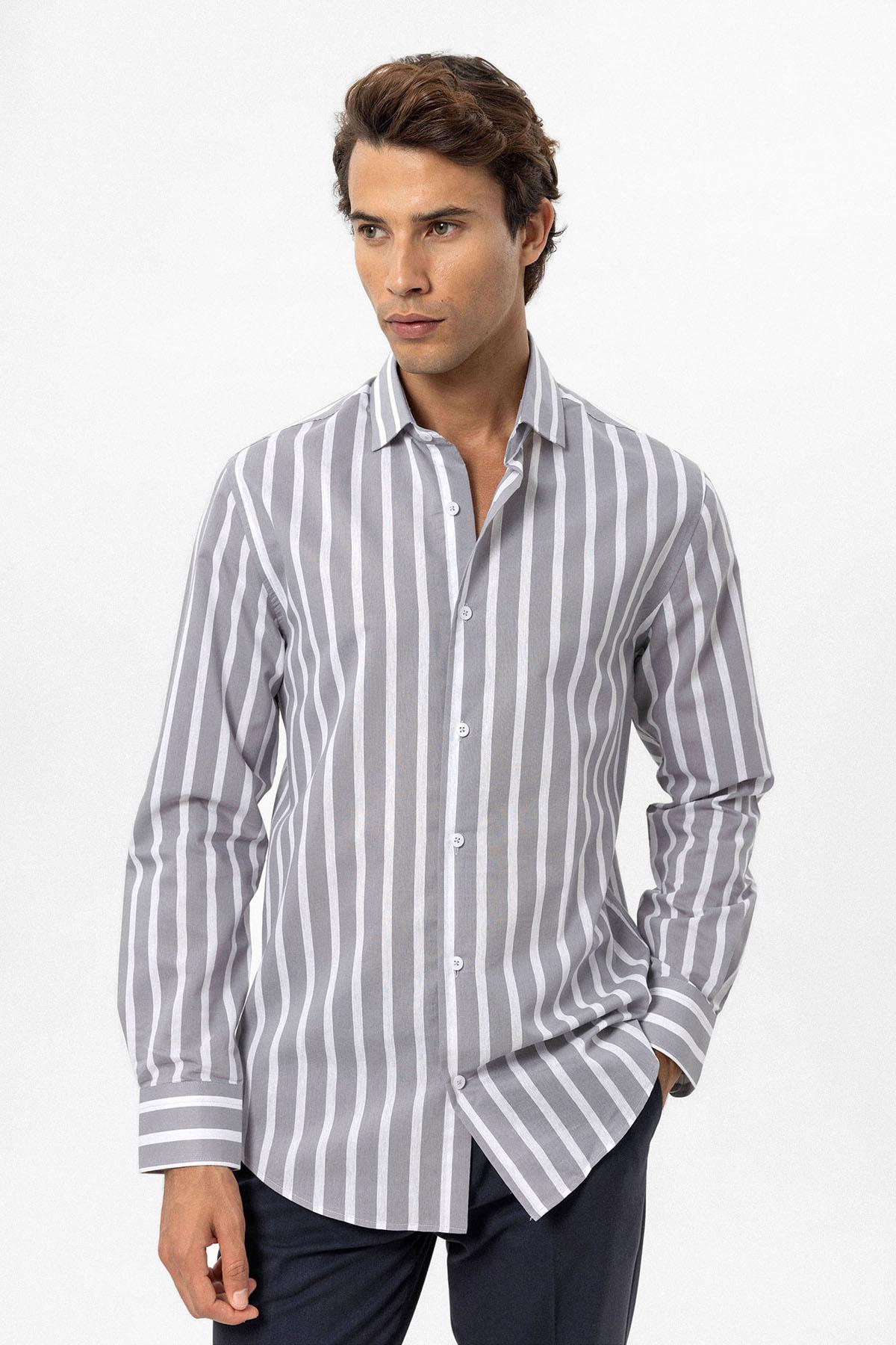 Antioch-Antioch Gri Slim Fit çizgili Erkek Gömlek-Gömlek-1-Milagron.com