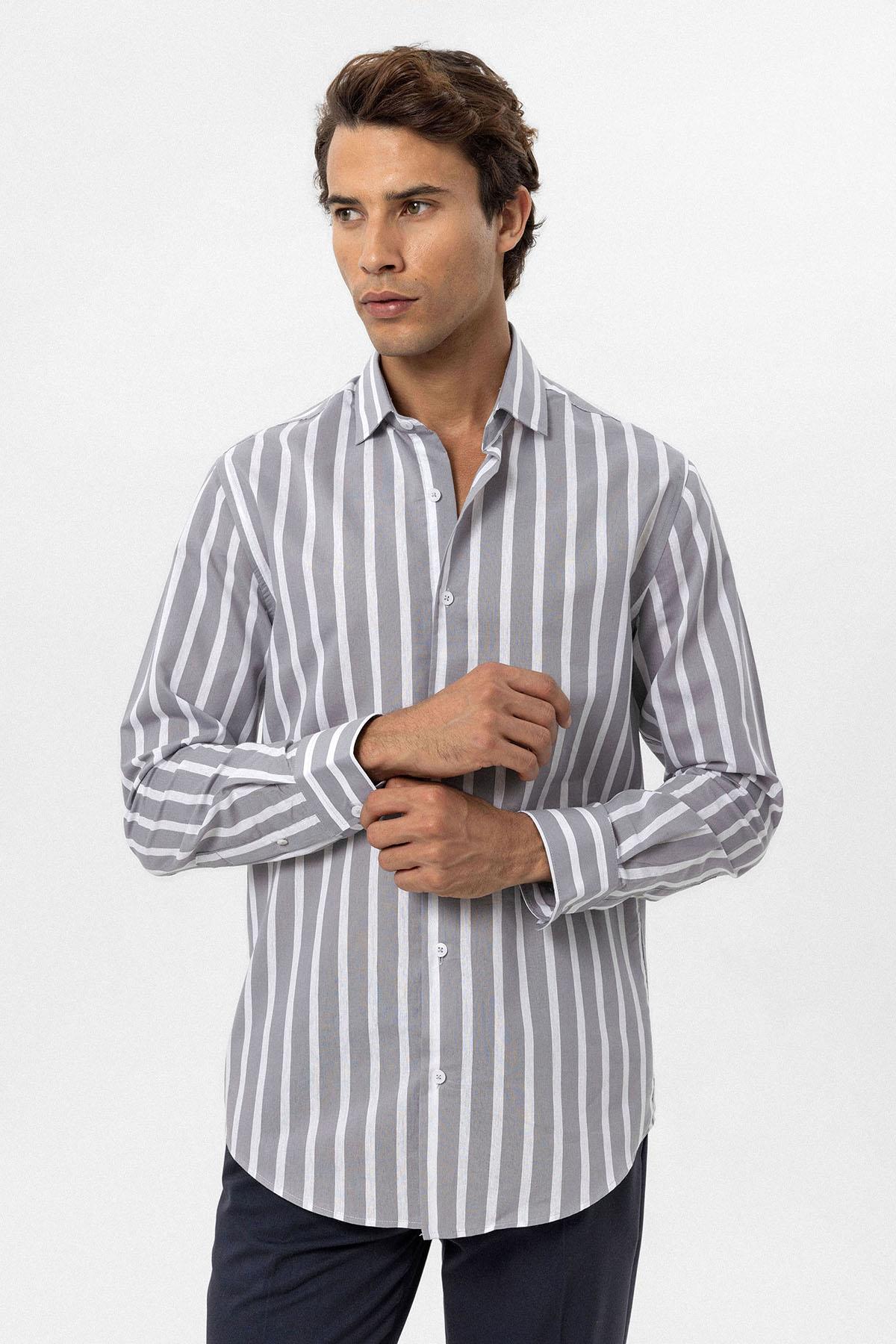 Antioch-Antioch Gri Slim Fit çizgili Erkek Gömlek-Gömlek-3-Milagron.com