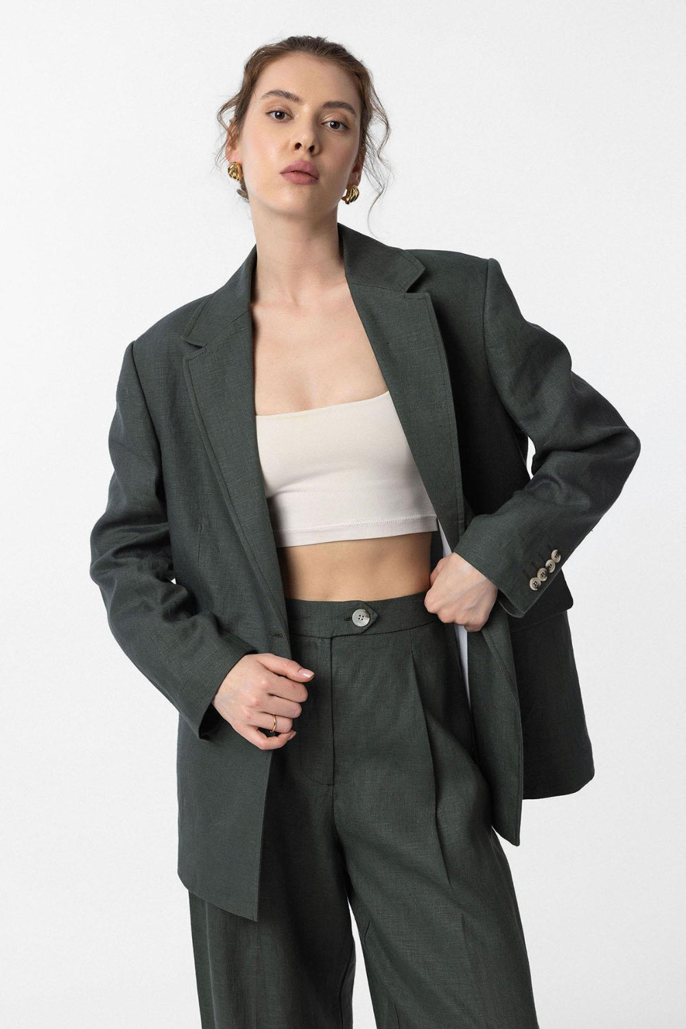 Antioch-Antioch Haki 100% Keten Kadın Blazer Ceket-Blazer Ceket-1-Milagron.com