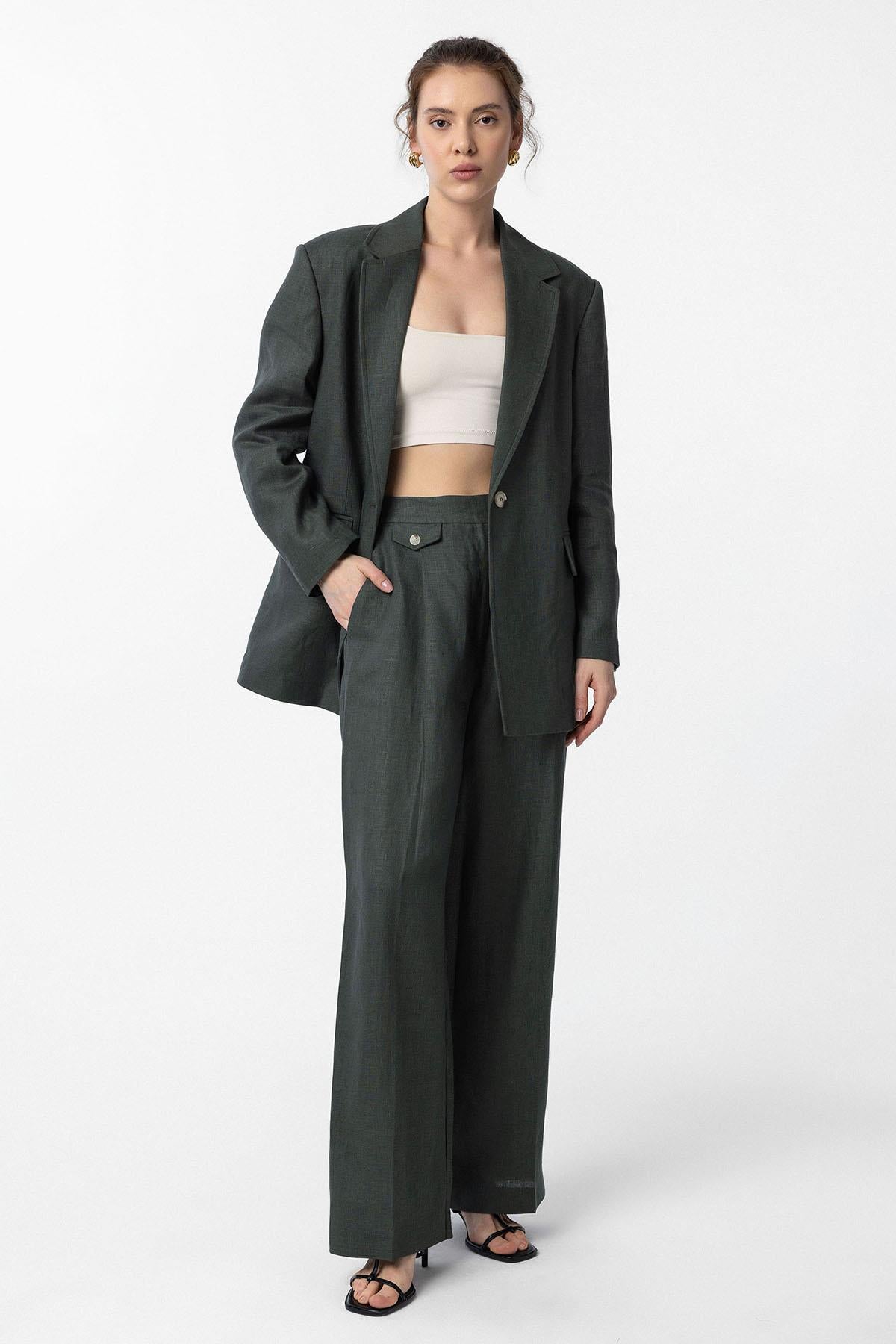 Antioch-Antioch Haki 100% Keten Kadın Blazer Ceket-Blazer Ceket-2-Milagron.com