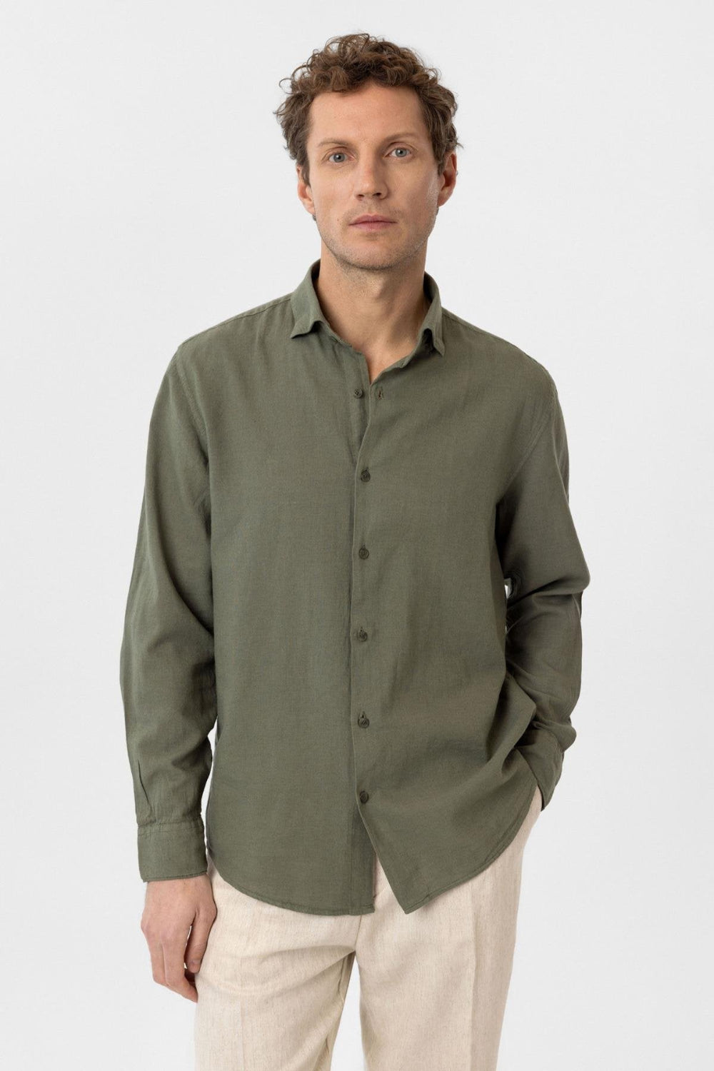 Antioch-Antioch Haki Keten Karışımlı Erkek Gömlek-Gömlek-1-Milagron.com