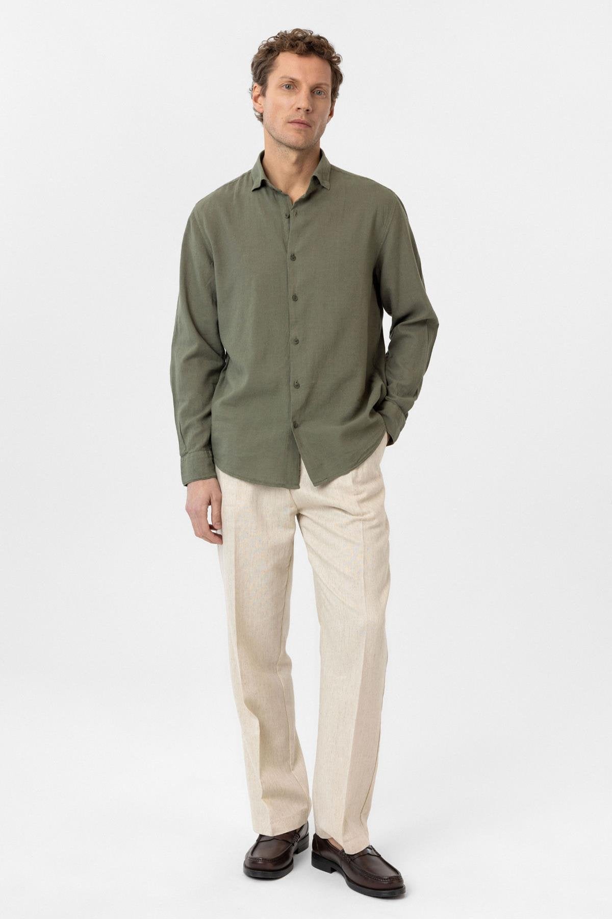 Antioch-Antioch Haki Keten Karışımlı Erkek Gömlek-Gömlek-2-Milagron.com