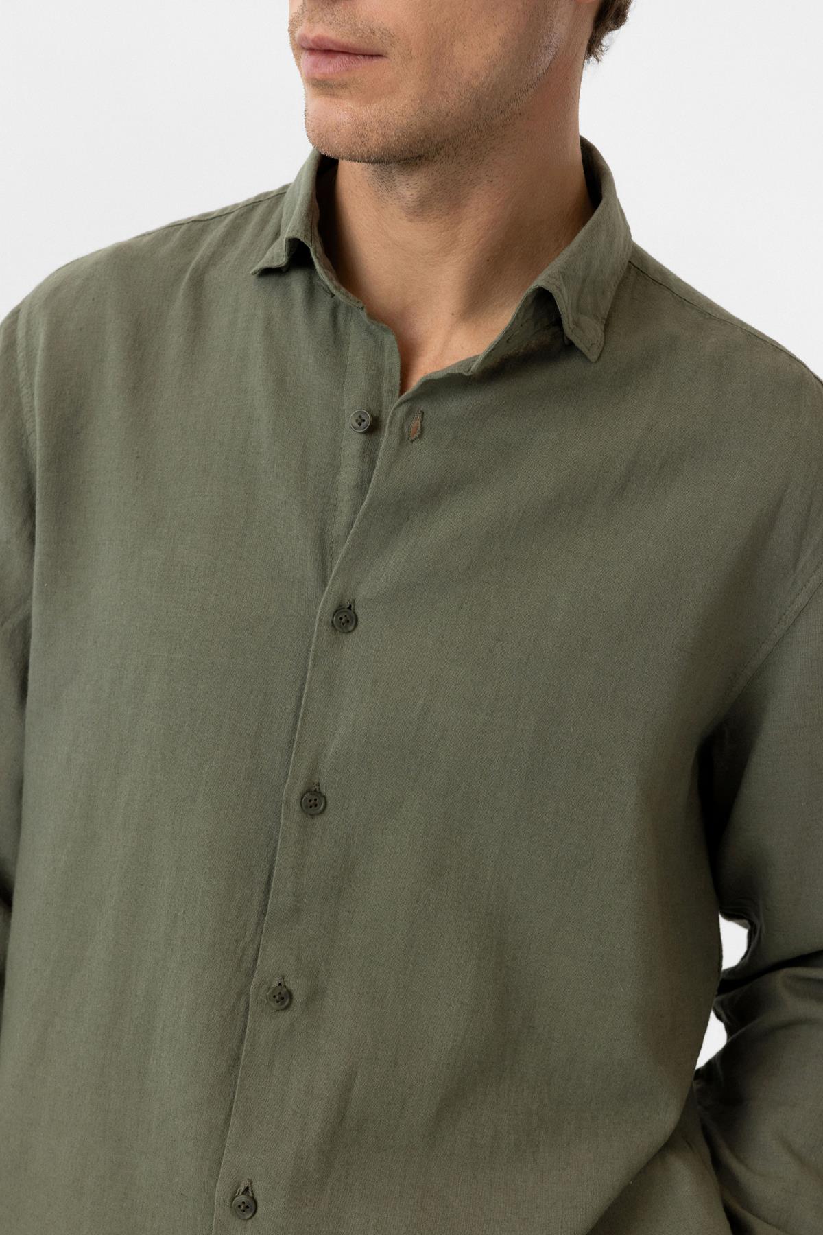 Antioch-Antioch Haki Keten Karışımlı Erkek Gömlek-Gömlek-3-Milagron.com