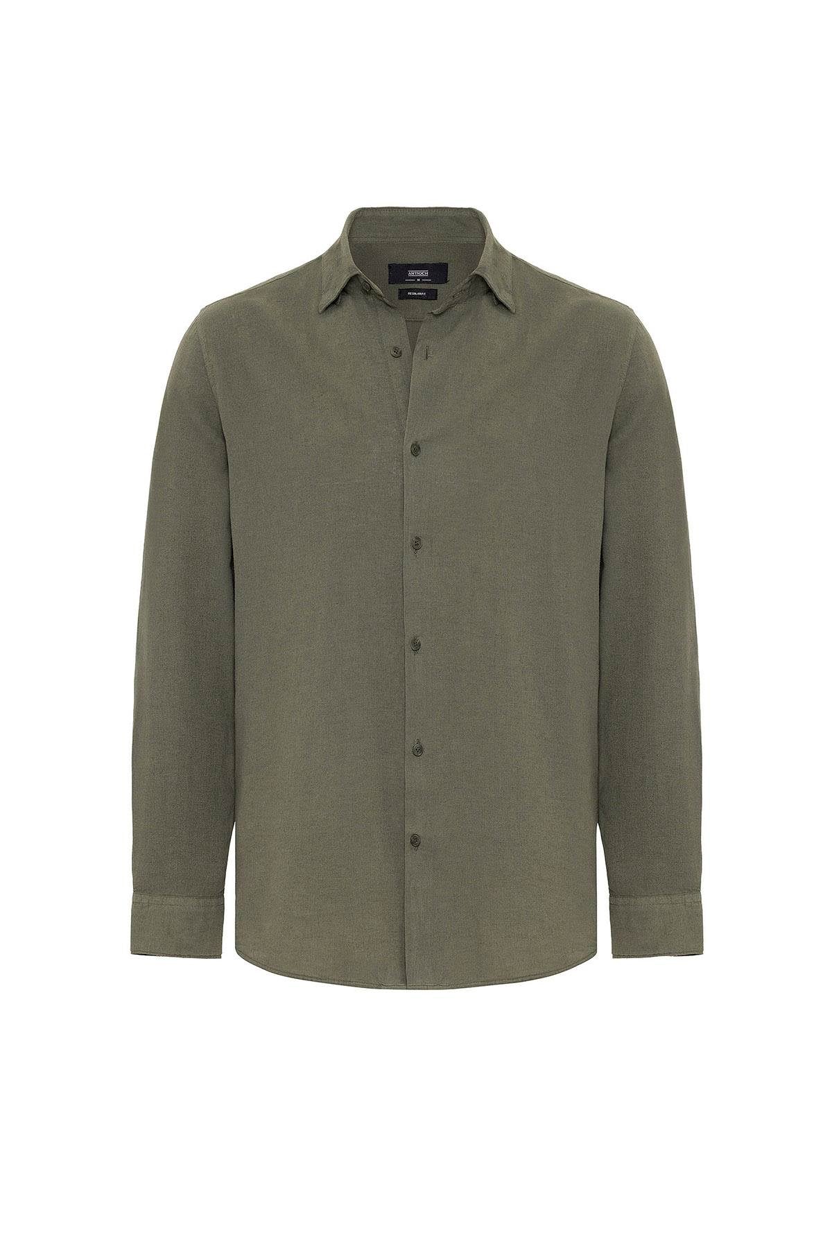 Antioch-Antioch Haki Keten Karışımlı Erkek Gömlek-Gömlek-5-Milagron.com