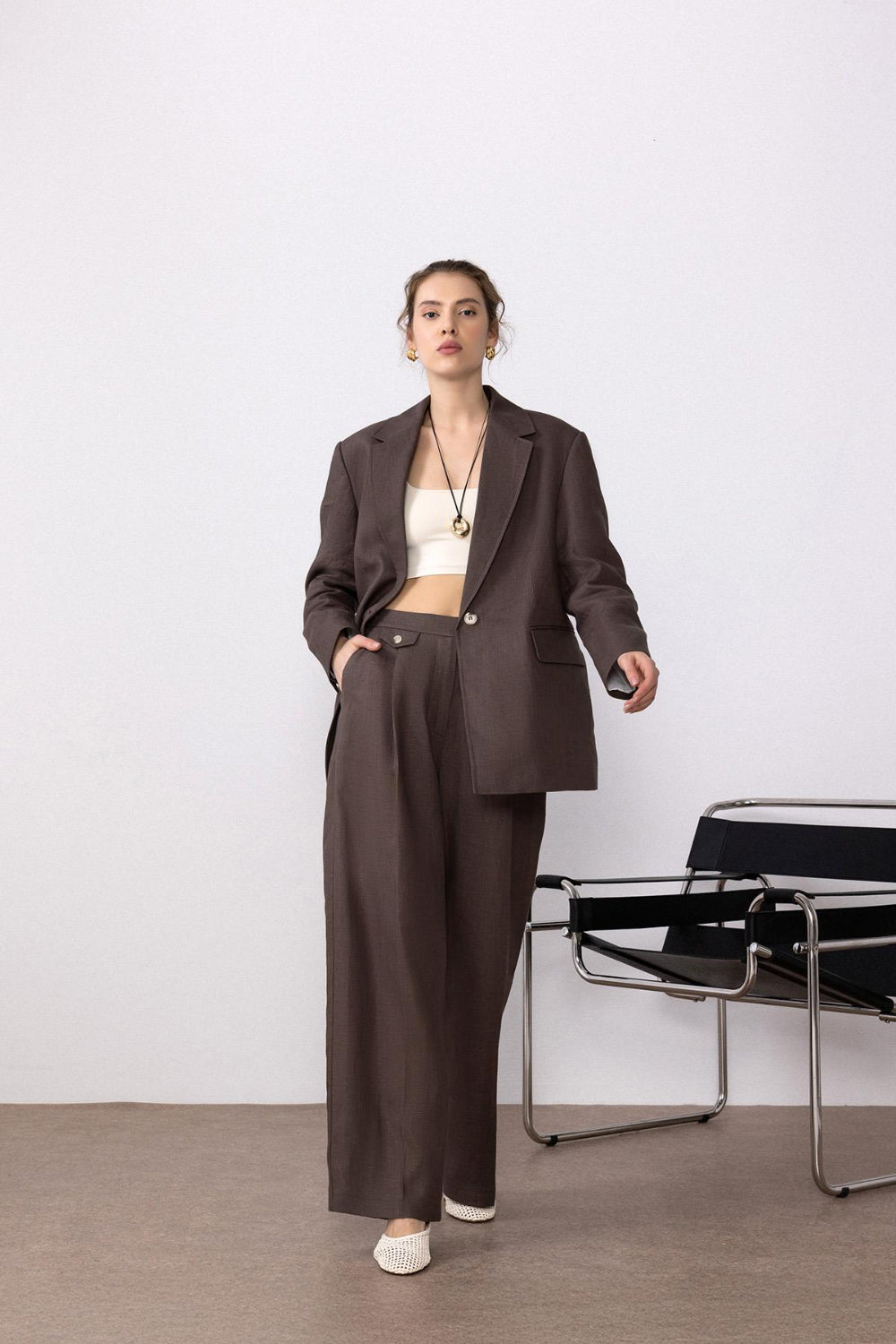 Antioch-Antioch Kahve 100% Keten Kadın Blazer Ceket-Blazer Ceket-1-Milagron.com