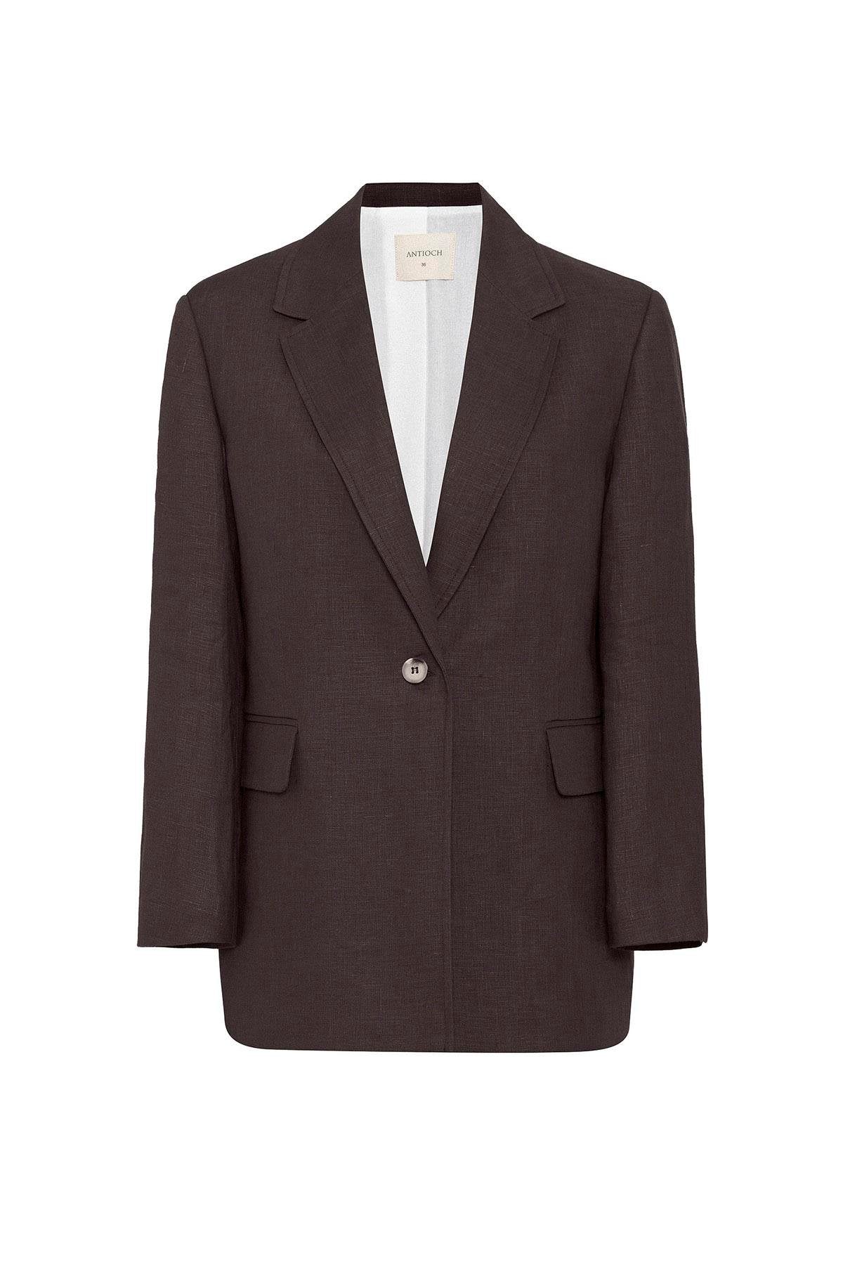 Antioch-Antioch Kahve 100% Keten Kadın Blazer Ceket-Blazer Ceket-6-Milagron.com