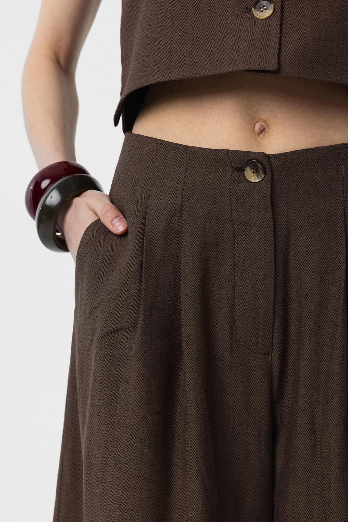 Antioch-Antioch Kahve Keten Karışımlı Kadın Culotte Pantolon-Kumaş Pantolon-3-Milagron.com