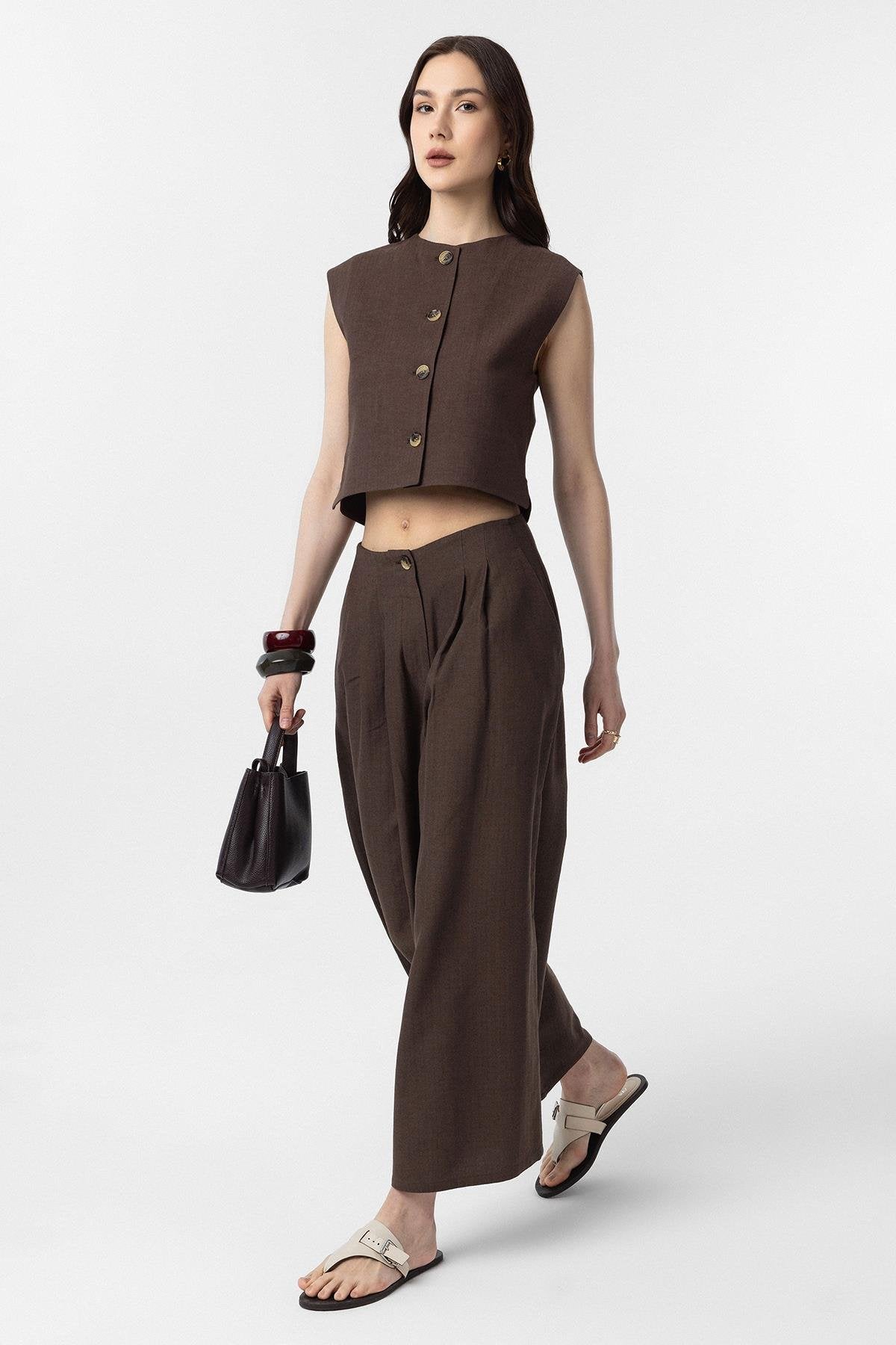 Antioch-Antioch Kahve Keten Karışımlı Kadın Yelek-Yelek-2-Milagron.com