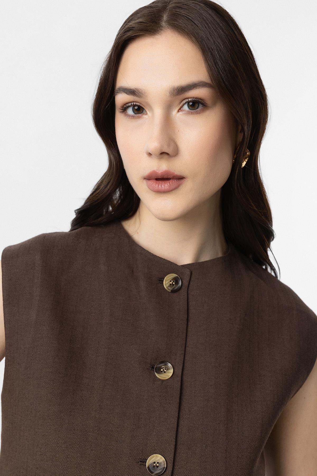 Antioch-Antioch Kahve Keten Karışımlı Kadın Yelek-Yelek-3-Milagron.com