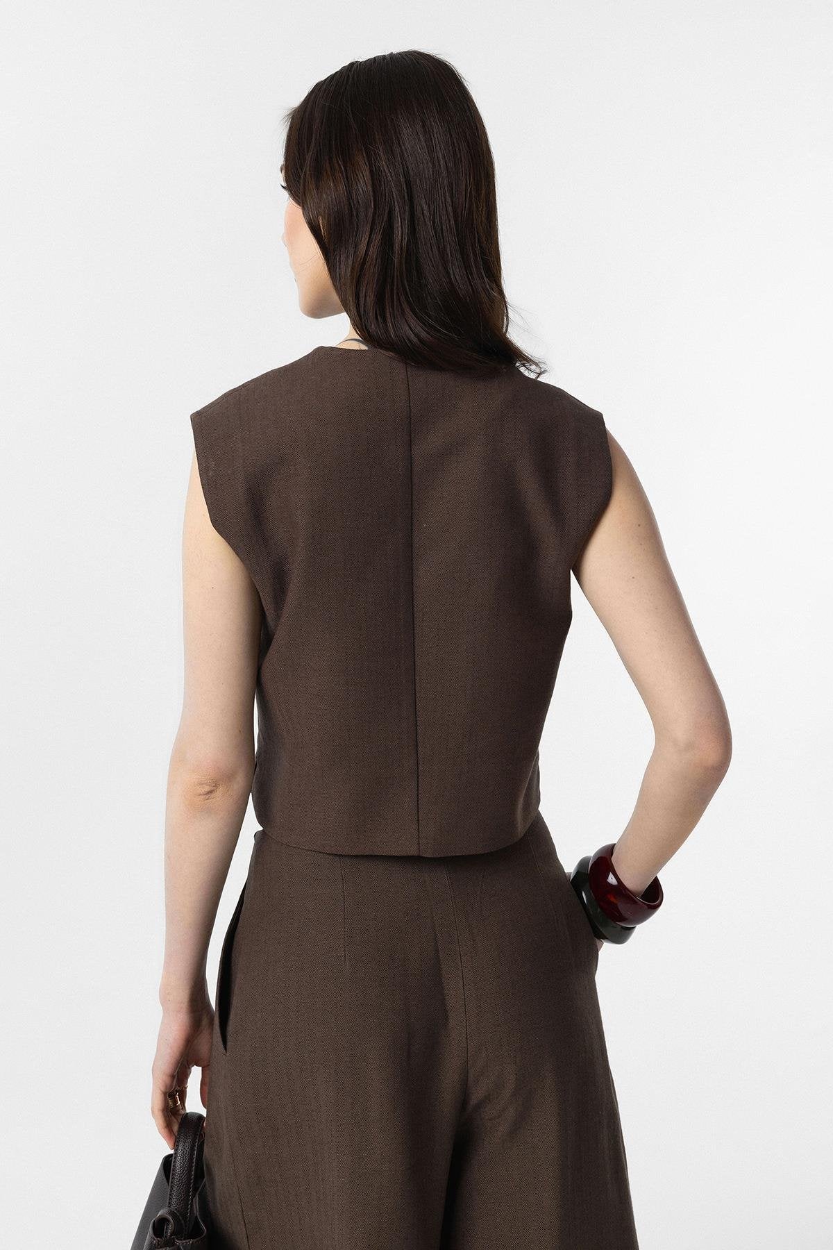 Antioch-Antioch Kahve Keten Karışımlı Kadın Yelek-Yelek-4-Milagron.com