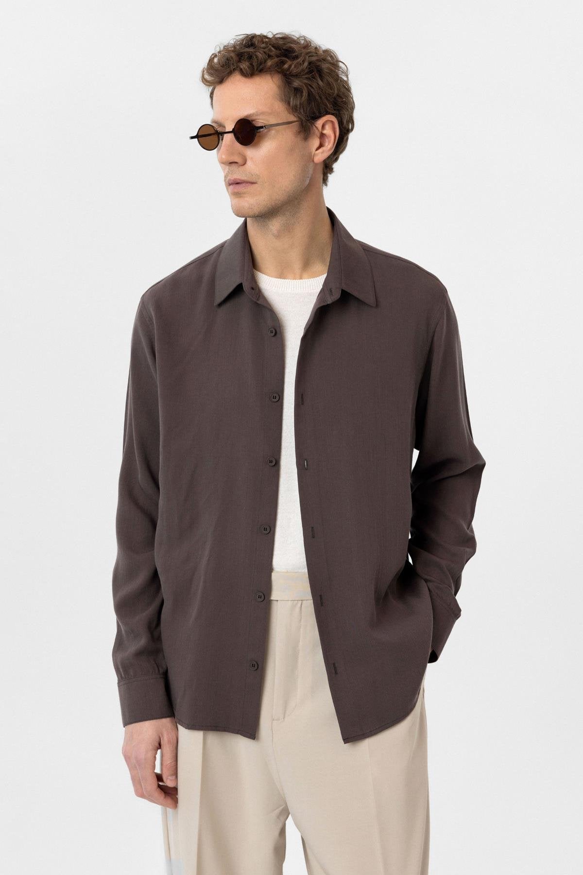 Antioch-Antioch Kahve Relax Fit Liyosel Kumaş Erkek Gömlek-Gömlek-3-Milagron.com