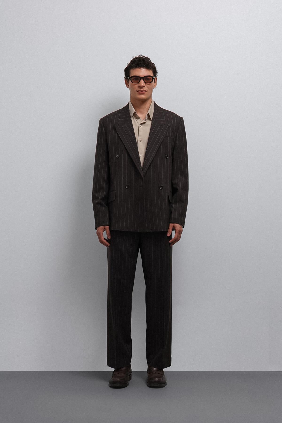 Antioch-Antioch Kahve çizgili Kruvaze Erkek Blazer Ceket-Blazer Ceket-2-Milagron.com