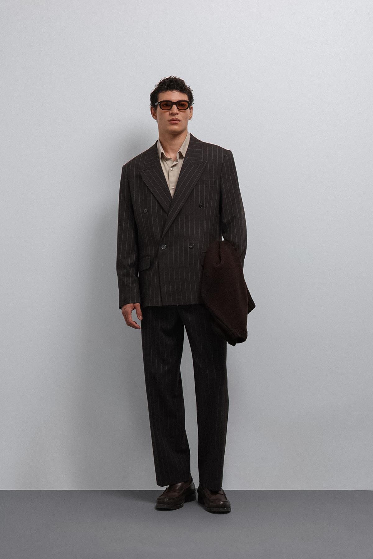 Antioch-Antioch Kahve çizgili Kruvaze Erkek Blazer Ceket-Blazer Ceket-5-Milagron.com