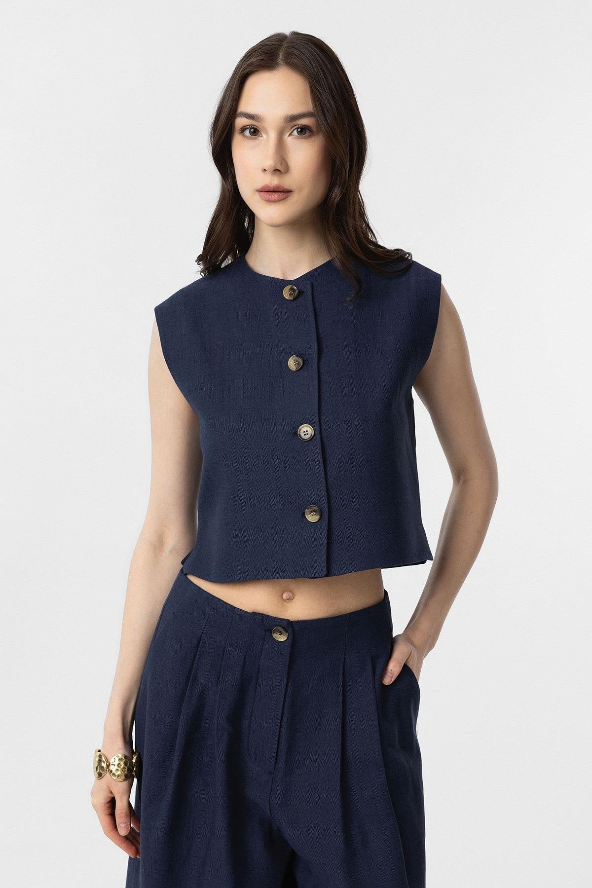 Antioch-Antioch Lacivert Keten Karışımlı Kadın Yelek-Yelek-2-Milagron.com