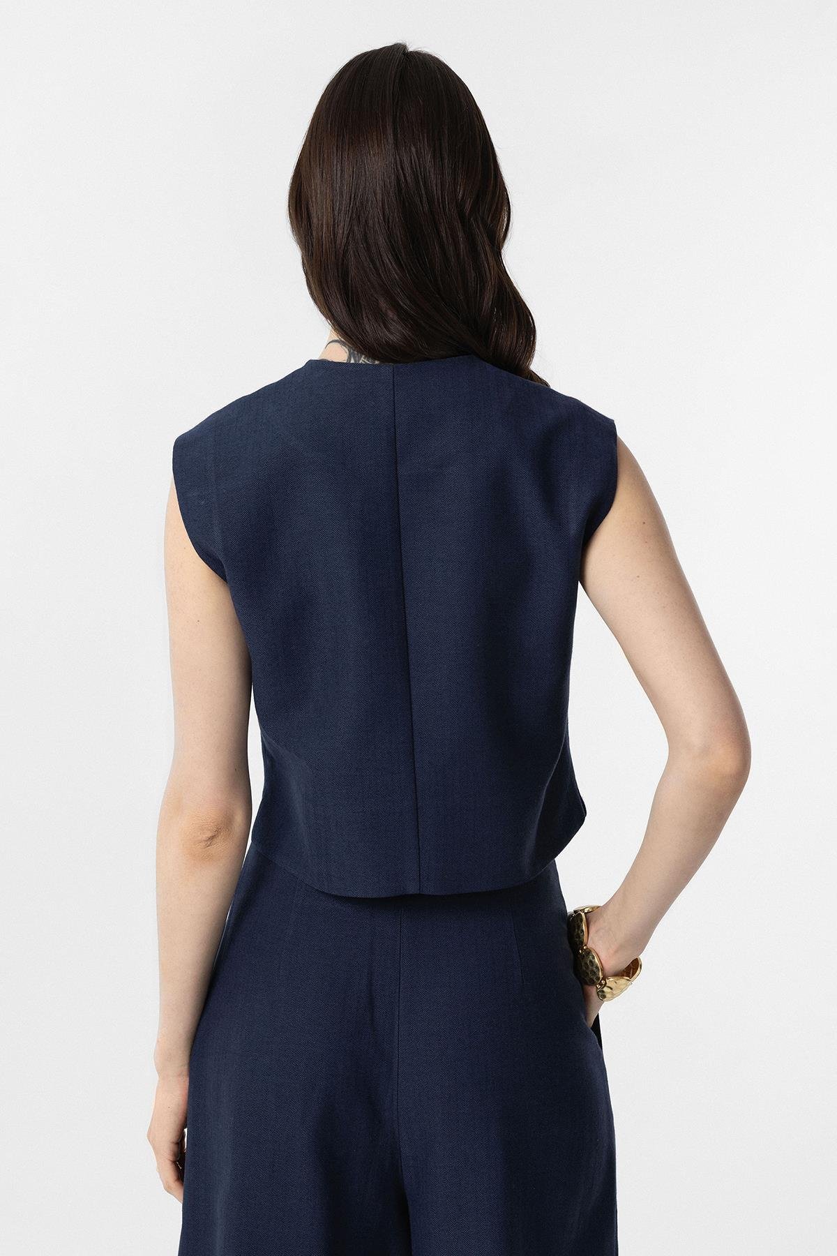 Antioch-Antioch Lacivert Keten Karışımlı Kadın Yelek-Yelek-5-Milagron.com