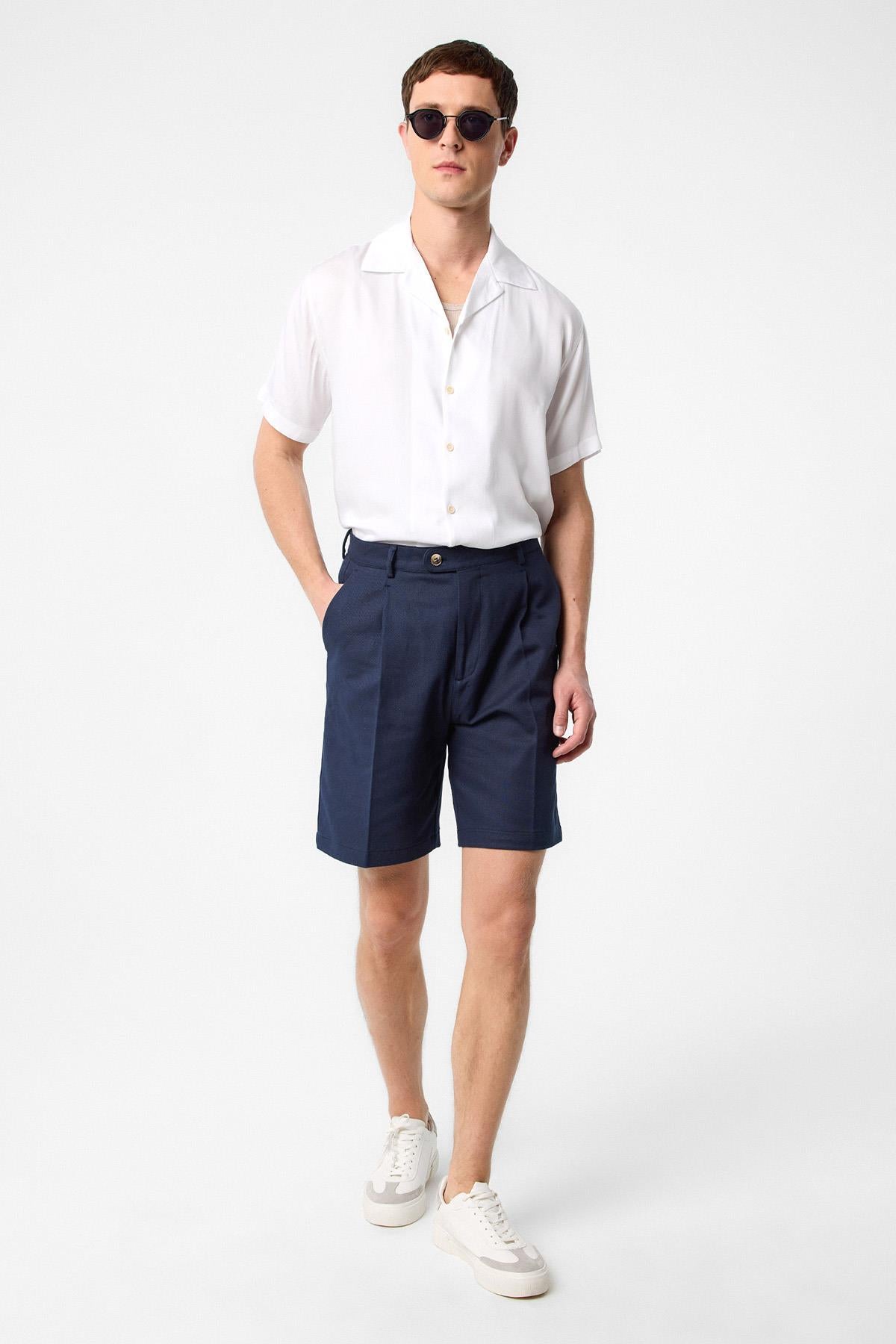 Antioch-Antioch Lacivert Yüksek Bel Pileli Erkek şort-Şort-2-Milagron.com