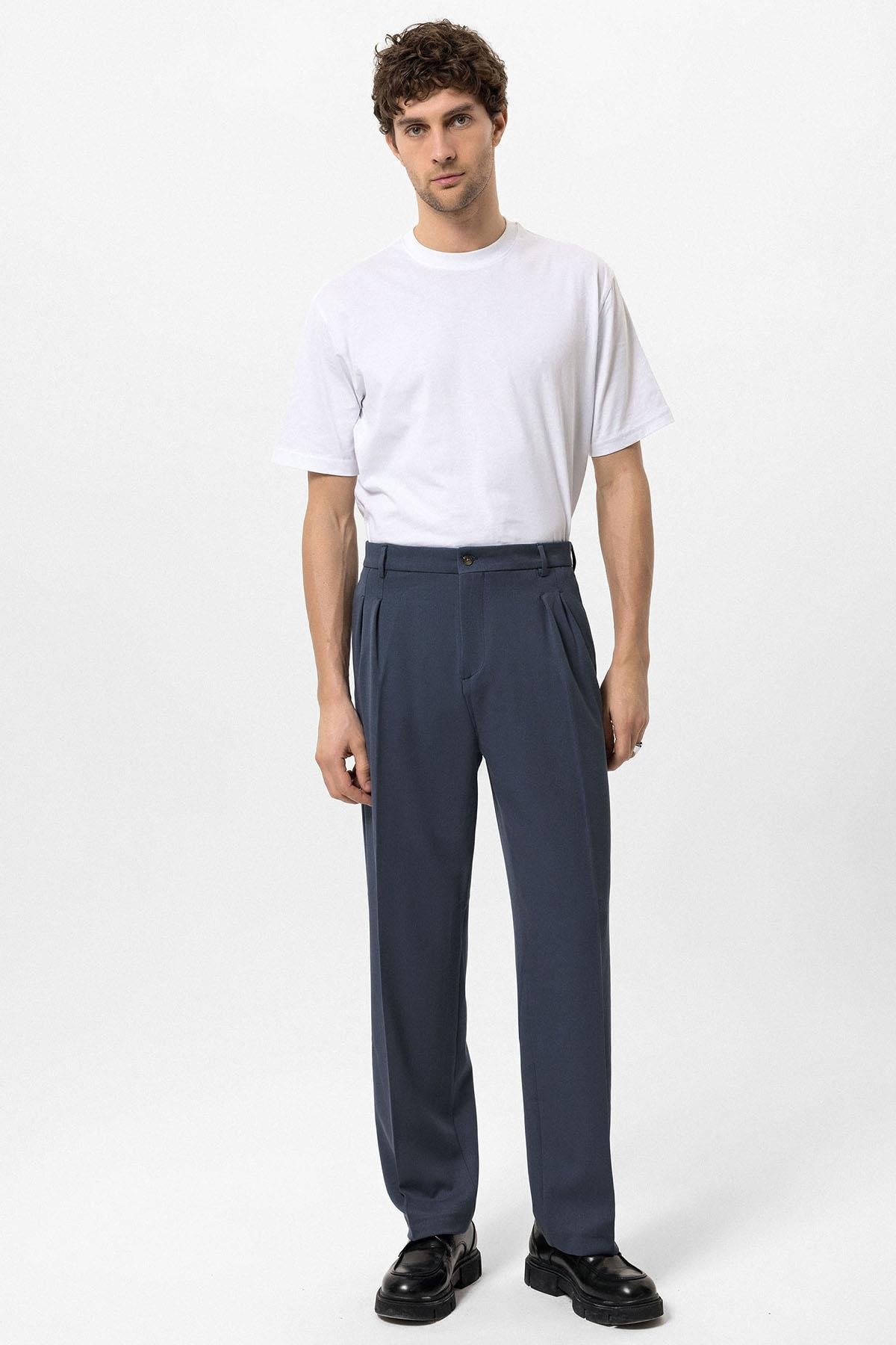 Antioch-Antioch Lacivert Yüksek Bel Pileli Rahat Kalıp Erkek Pantolon-Kumaş Pantolon-2-Milagron.com