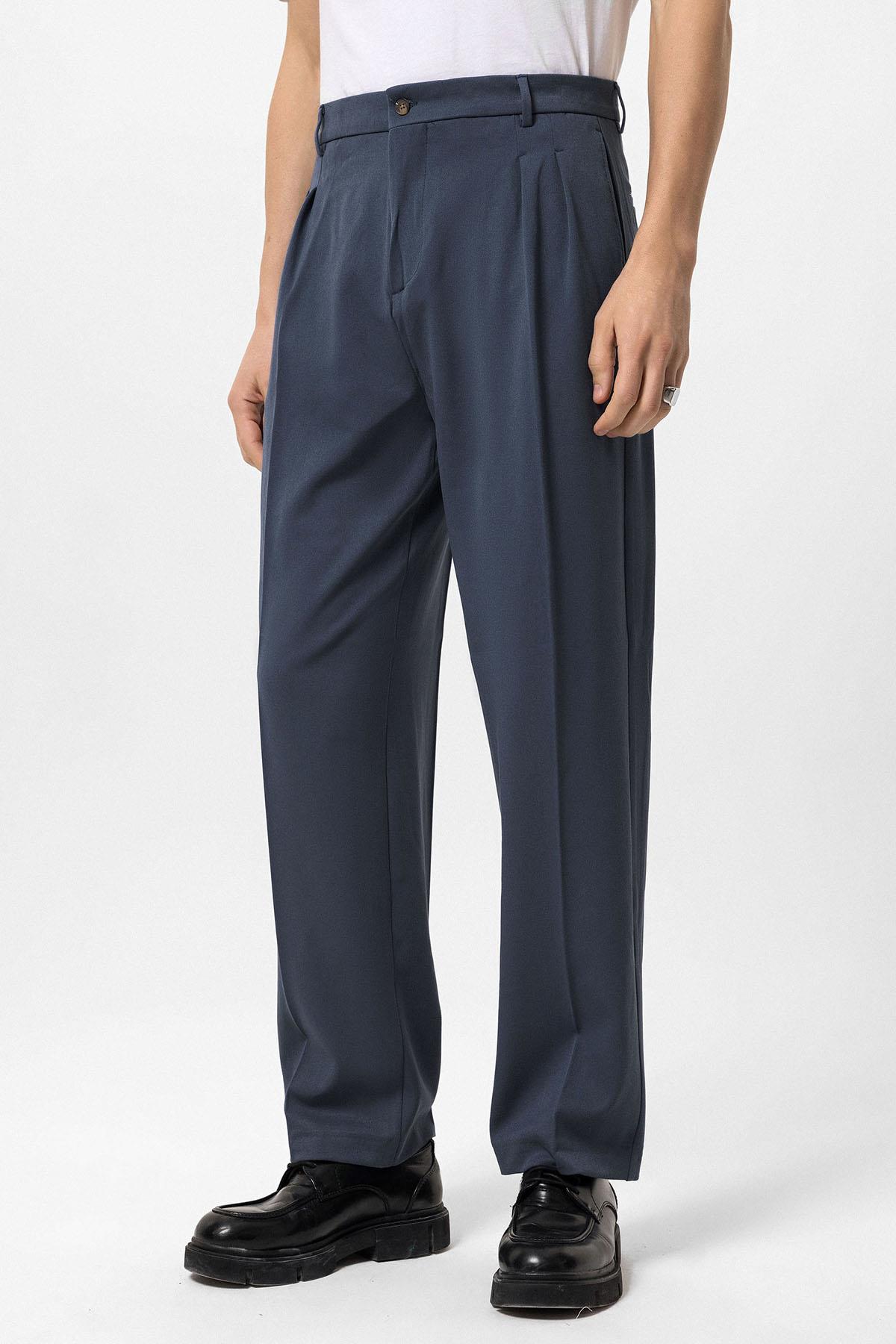 Antioch-Antioch Lacivert Yüksek Bel Pileli Rahat Kalıp Erkek Pantolon-Kumaş Pantolon-3-Milagron.com