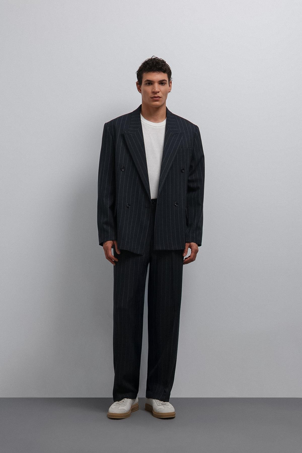 Antioch-Antioch Lacivert çizgili Kruvaze Erkek Blazer Ceket-Blazer Ceket-2-Milagron.com