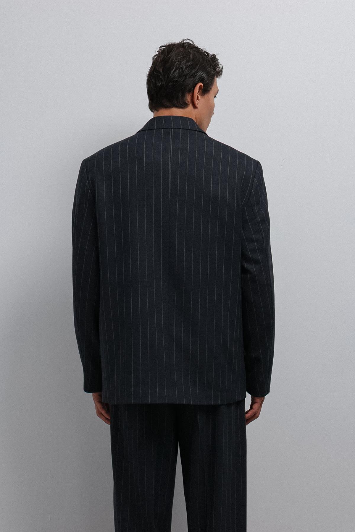 Antioch-Antioch Lacivert çizgili Kruvaze Erkek Blazer Ceket-Blazer Ceket-4-Milagron.com