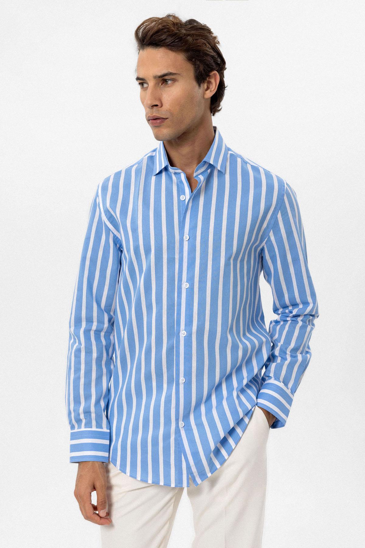 Antioch-Antioch Mavi Slim Fit çizgili Erkek Gömlek-Gömlek-1-Milagron.com