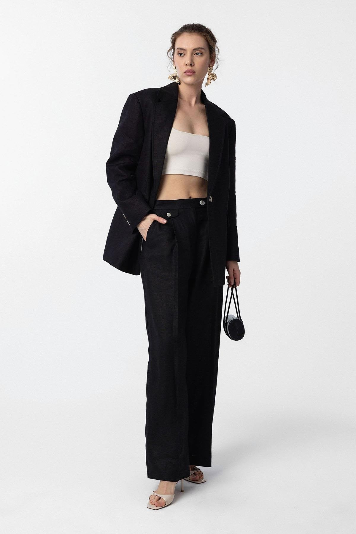 Antioch-Antioch Siyah 100% Keten Kadın Blazer Ceket-Blazer Ceket-2-Milagron.com