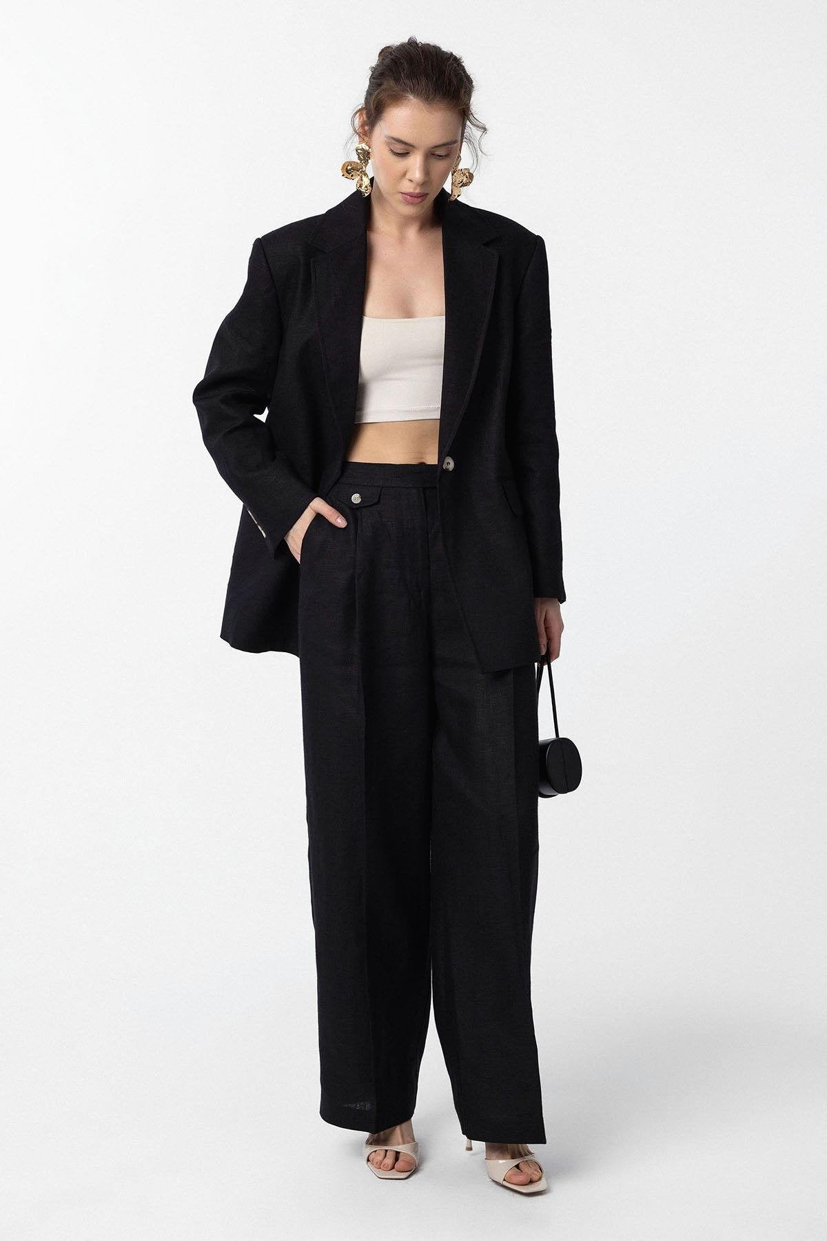 Antioch-Antioch Siyah 100% Keten Kadın Blazer Ceket-Blazer Ceket-3-Milagron.com