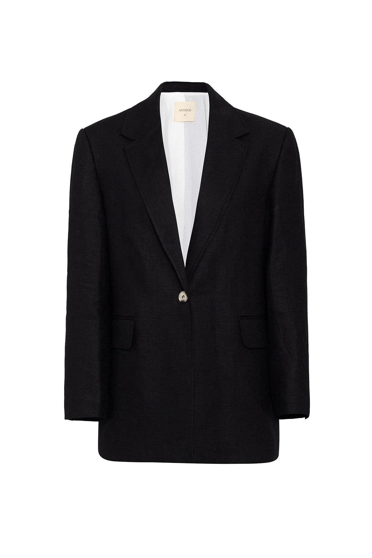 Antioch-Antioch Siyah 100% Keten Kadın Blazer Ceket-Blazer Ceket-6-Milagron.com