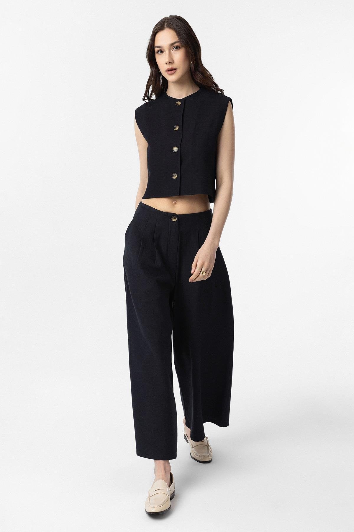 Antioch-Antioch Siyah Keten Karışımlı Kadın Culotte Pantolon-Kumaş Pantolon-2-Milagron.com