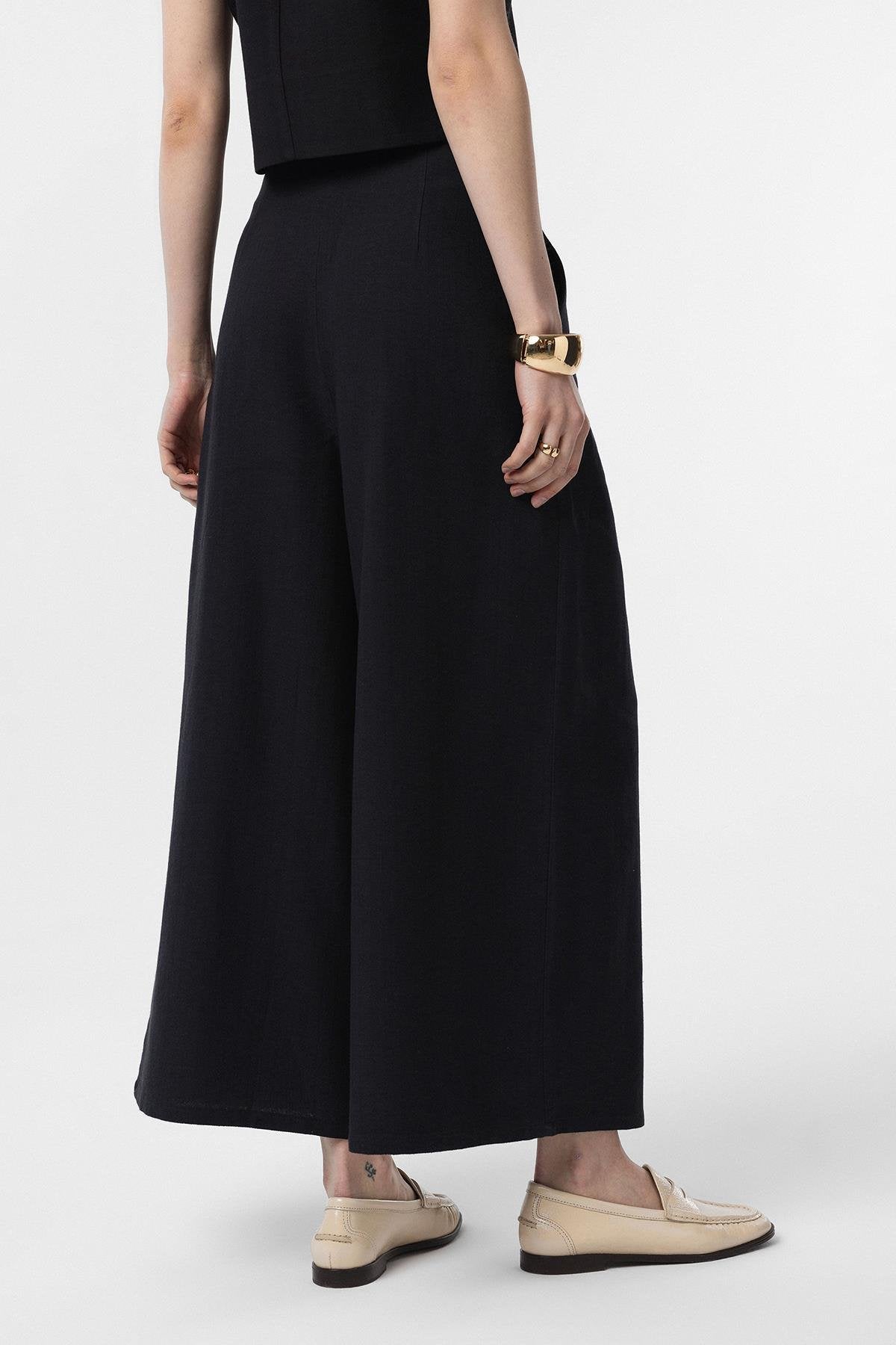 Antioch-Antioch Siyah Keten Karışımlı Kadın Culotte Pantolon-Kumaş Pantolon-4-Milagron.com