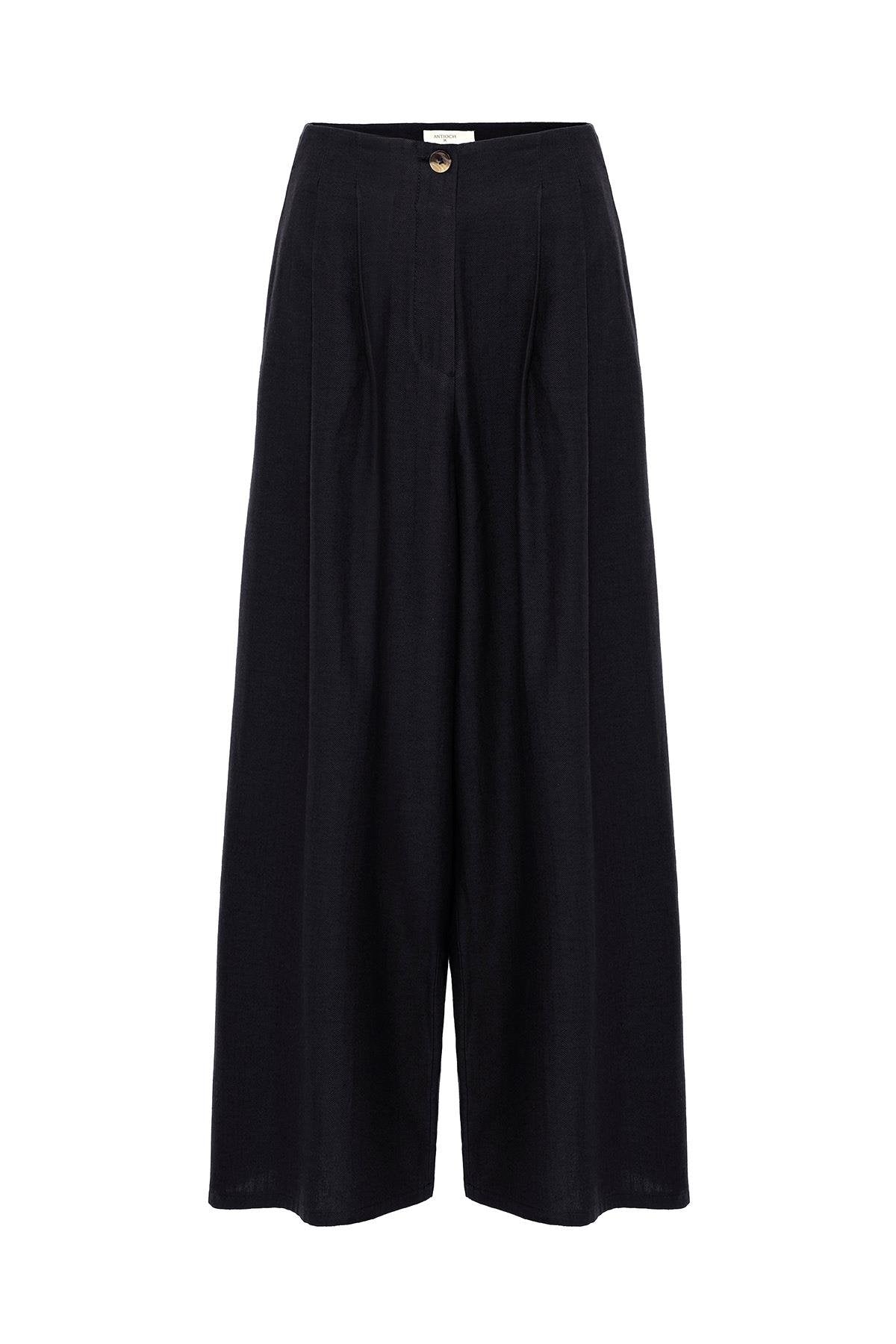 Antioch-Antioch Siyah Keten Karışımlı Kadın Culotte Pantolon-Kumaş Pantolon-5-Milagron.com