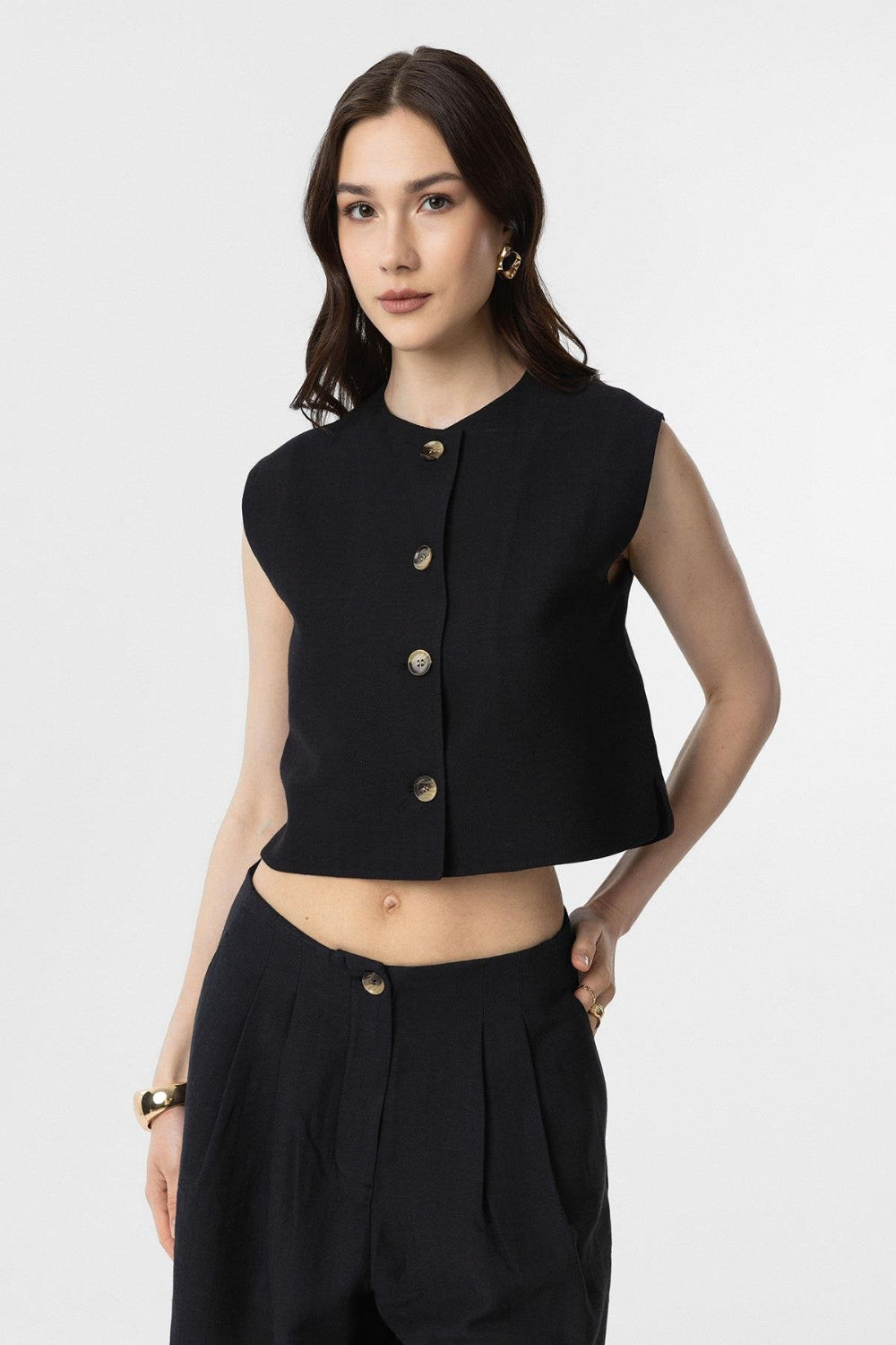 Antioch-Antioch Siyah Keten Karışımlı Kadın Yelek-Yelek-1-Milagron.com