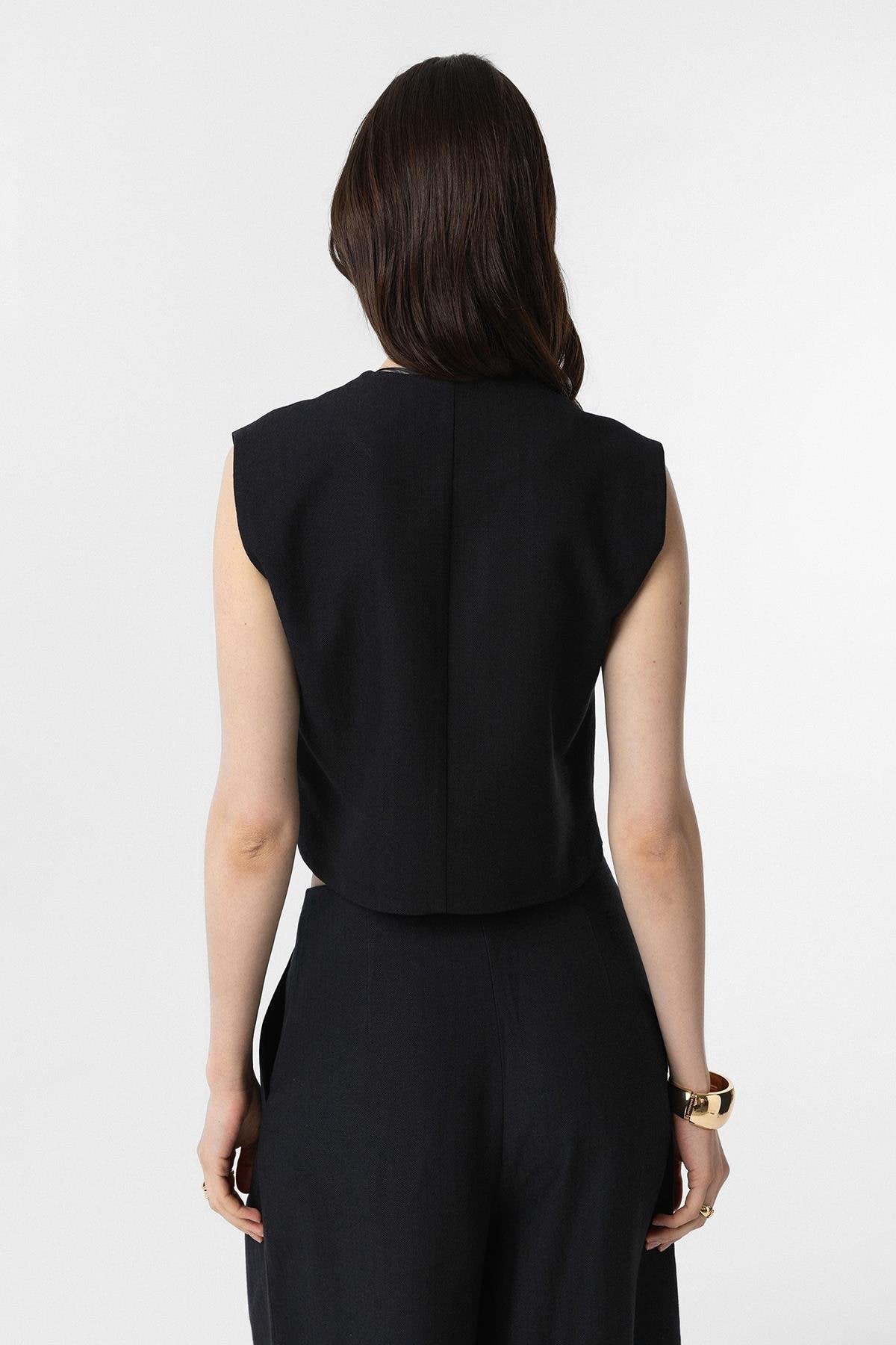 Antioch-Antioch Siyah Keten Karışımlı Kadın Yelek-Yelek-4-Milagron.com