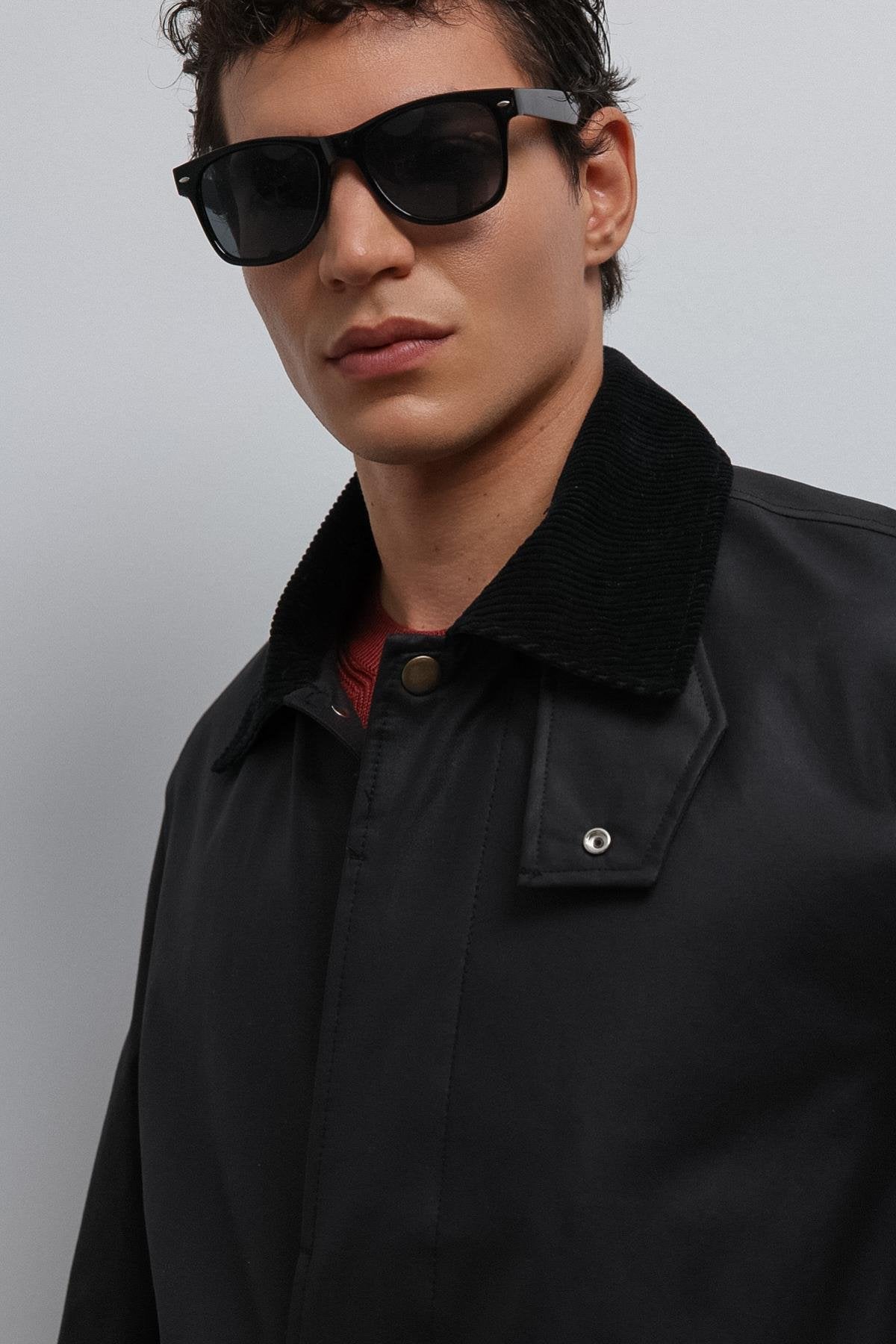 Antioch-Antioch Siyah Kontrast Yaka Teknik Erkek Trençkot-Trençkot-4-Milagron.com