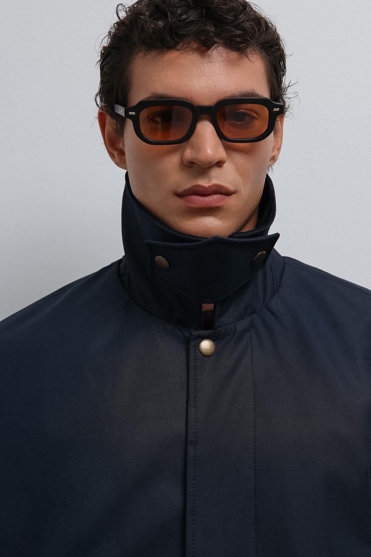 Antioch-Antioch Siyah Kontrast Yaka Teknik Erkek Trençkot-Trençkot-5-Milagron.com