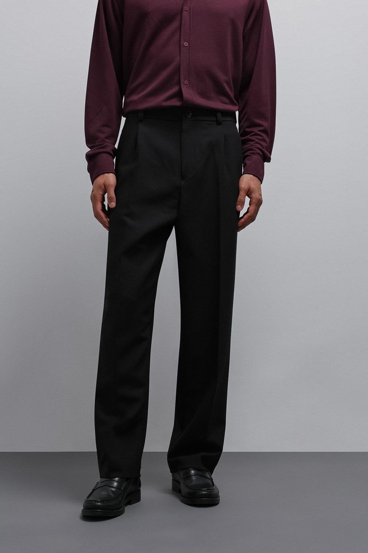 Antioch-Antioch Siyah Relax Fit Baggy Pilili Erkek Pantolon-Kumaş Pantolon-1-Milagron.com