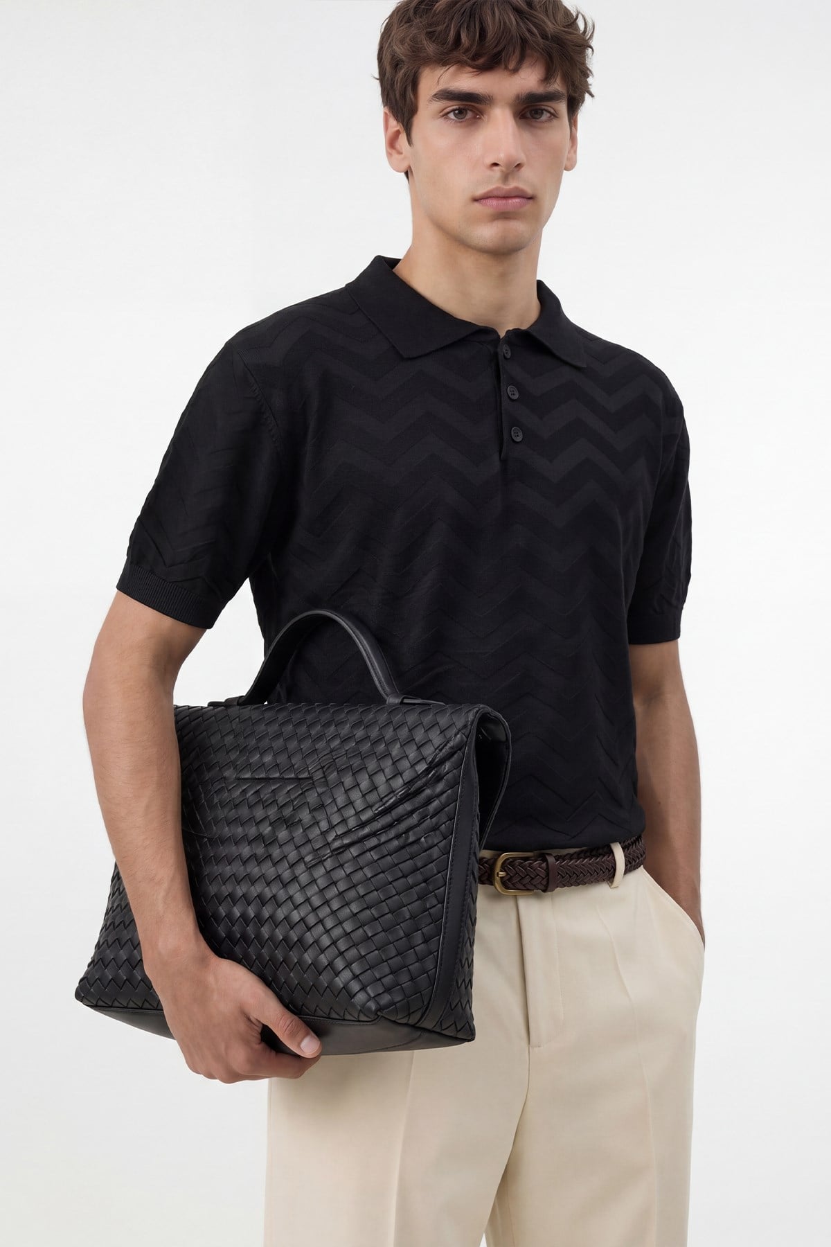 Antioch Siyah Zigzag Desenli Polo Yaka Triko Erkek T-Shirt
