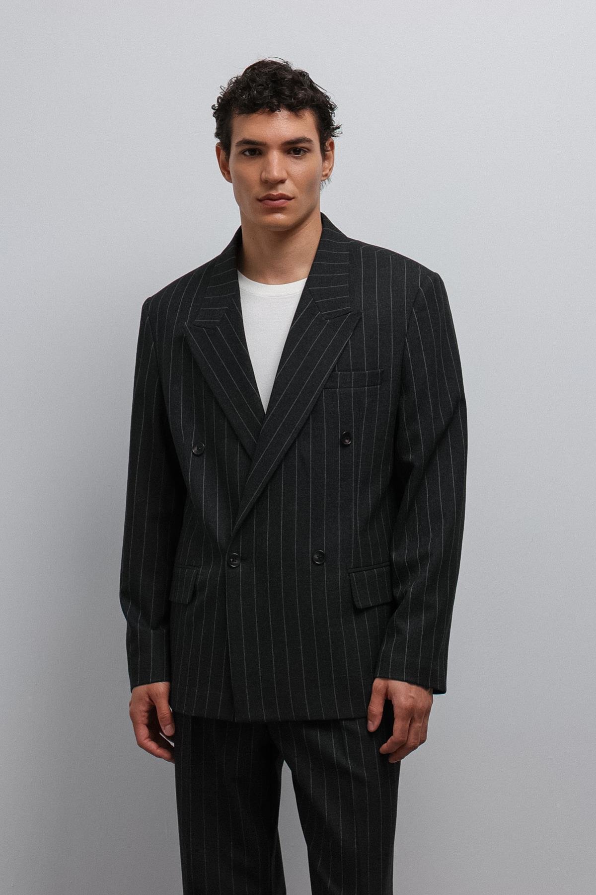 Antioch-Antioch Siyah çizgili Kruvaze Erkek Blazer Ceket-Blazer Ceket-1-Milagron.com