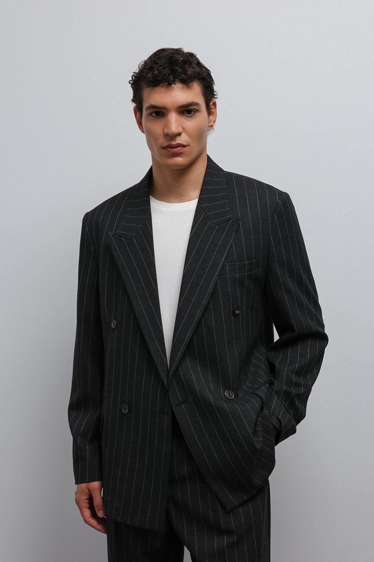 Antioch-Antioch Siyah çizgili Kruvaze Erkek Blazer Ceket-Blazer Ceket-2-Milagron.com