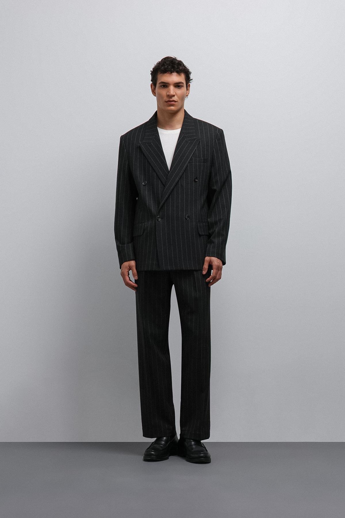 Antioch-Antioch Siyah çizgili Kruvaze Erkek Blazer Ceket-Blazer Ceket-3-Milagron.com