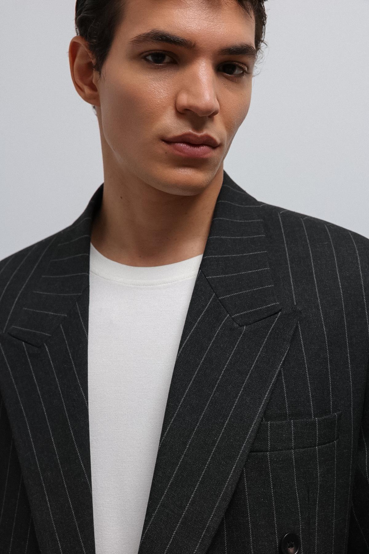 Antioch-Antioch Siyah çizgili Kruvaze Erkek Blazer Ceket-Blazer Ceket-6-Milagron.com